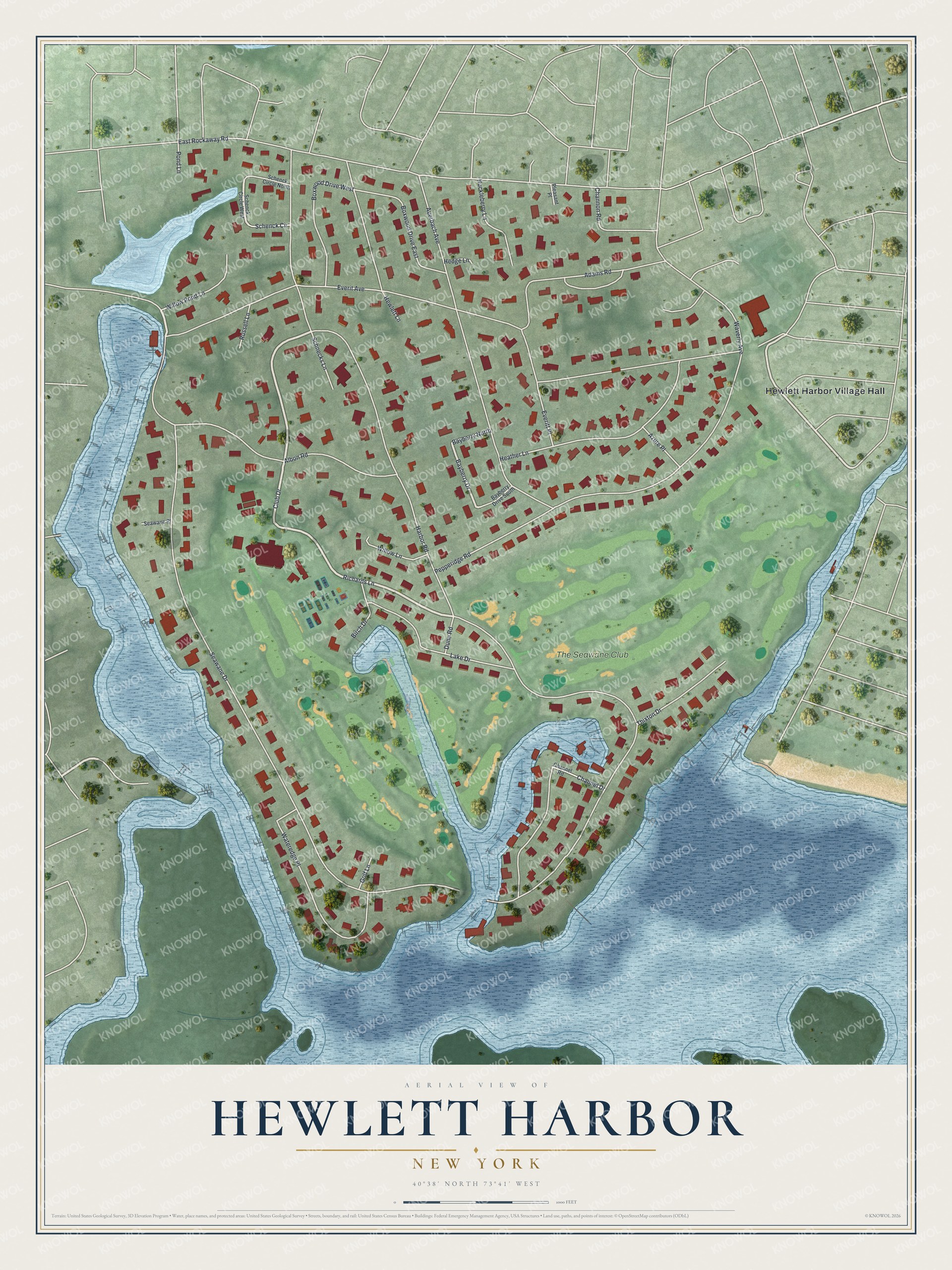 Full map of Hewlett Harbor, New York, with red buildings, printed street names and the land around them
