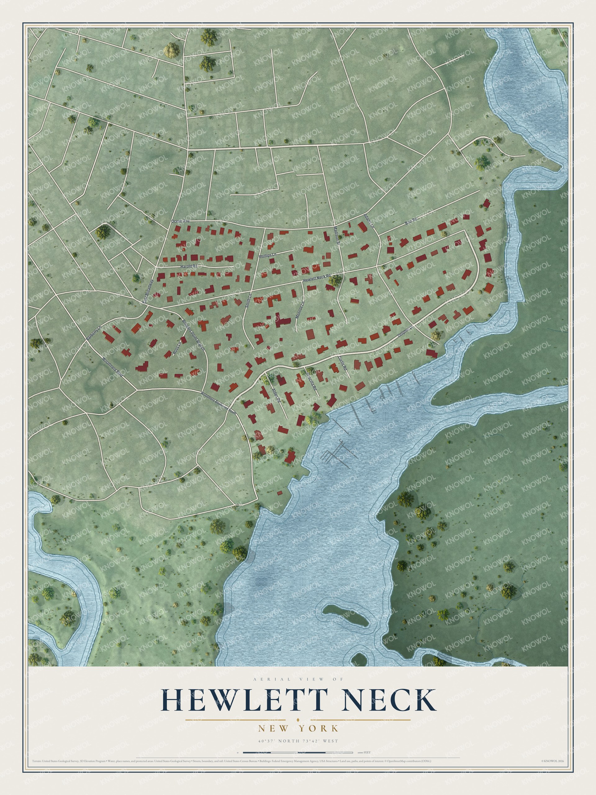 Full map of Hewlett Neck, New York, with red buildings, printed street names and the land around them