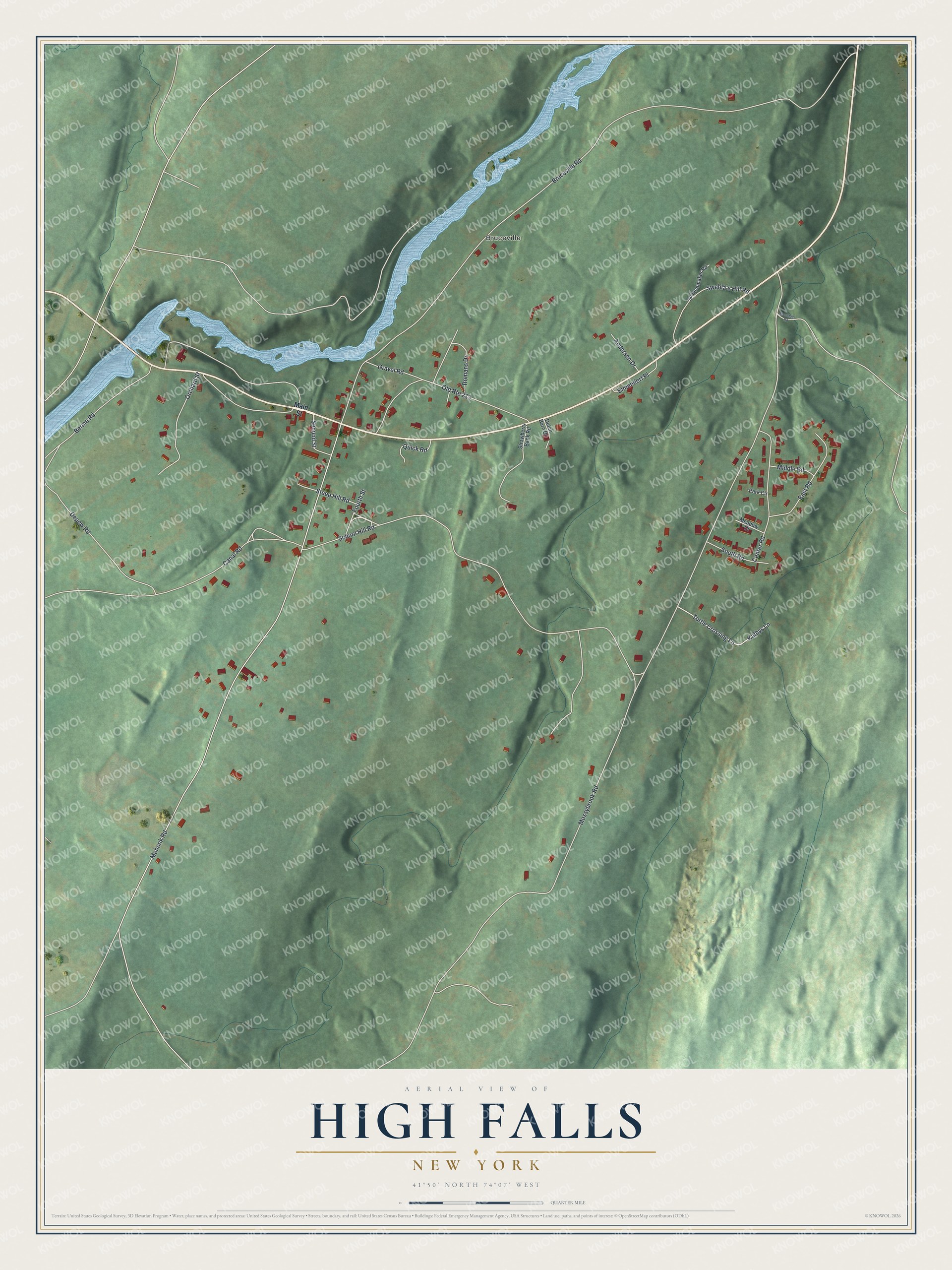 Full map of High Falls, New York, with red buildings, printed street names and the land around them
