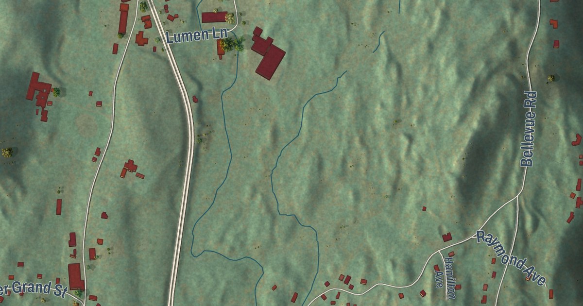 Close-up of streets and buildings in Highland, Ulster County, New York