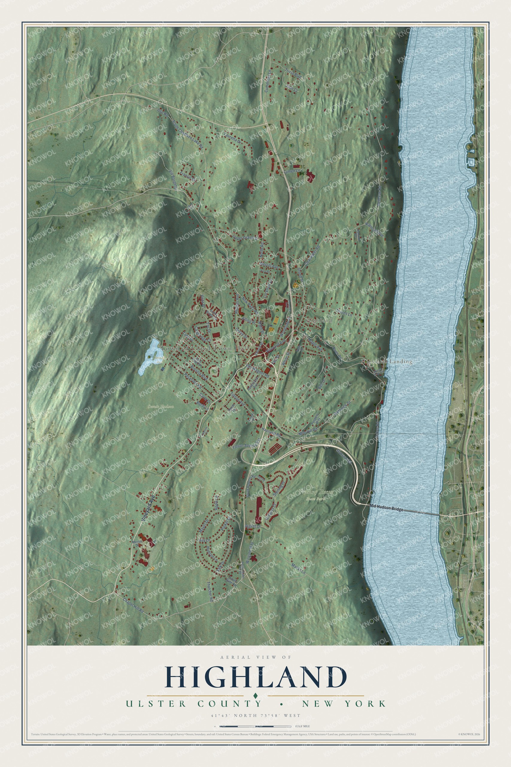 Detailed map of Highland, Ulster County, New York, showing streets, buildings, and parks