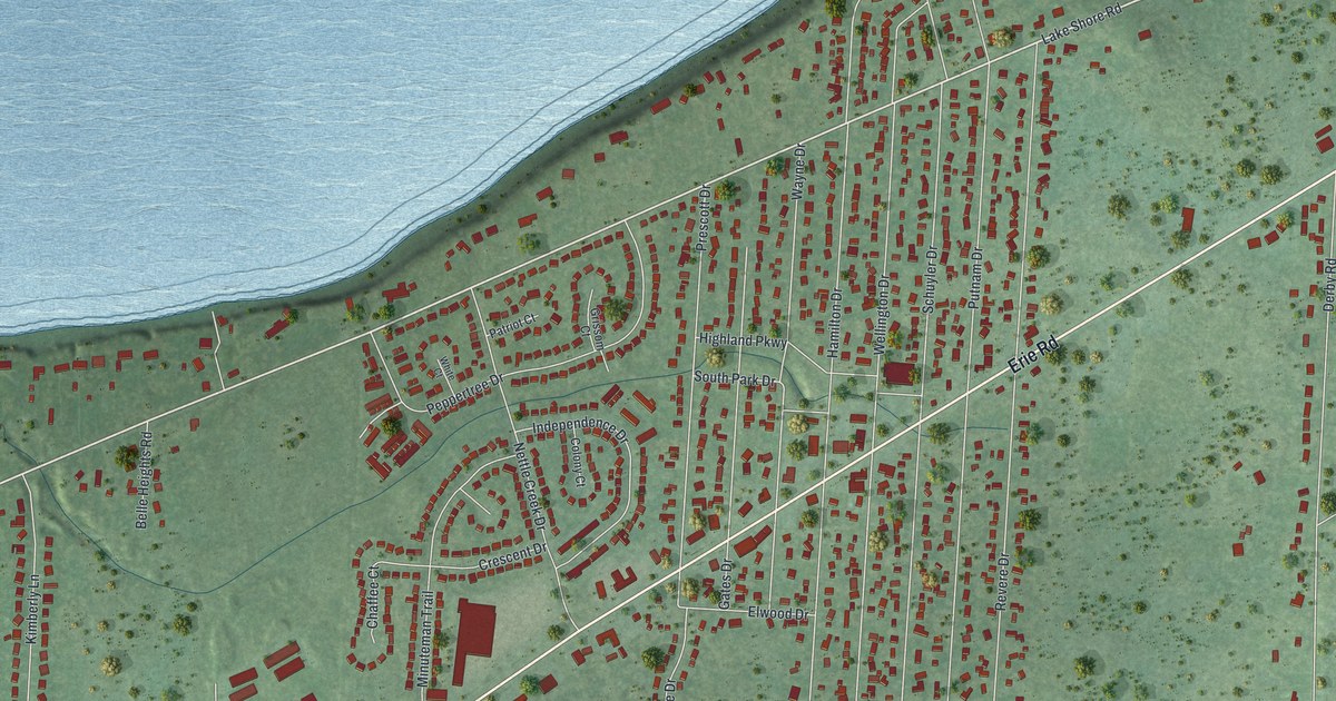 Close-up of streets and buildings in Highland-on-the-Lake, New York