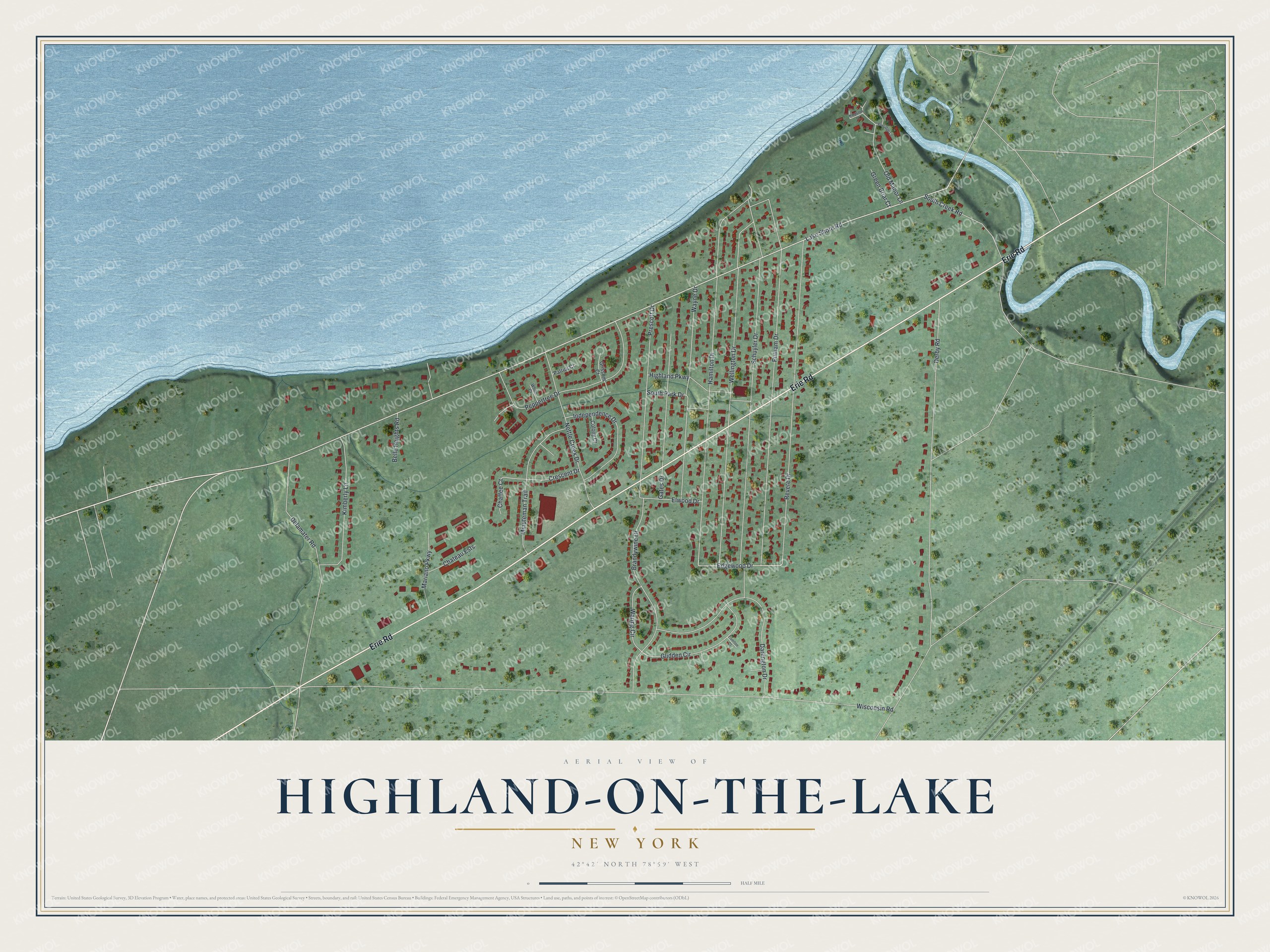 Full map of Highland-on-the-Lake, New York, with red buildings, printed street names and the land around them