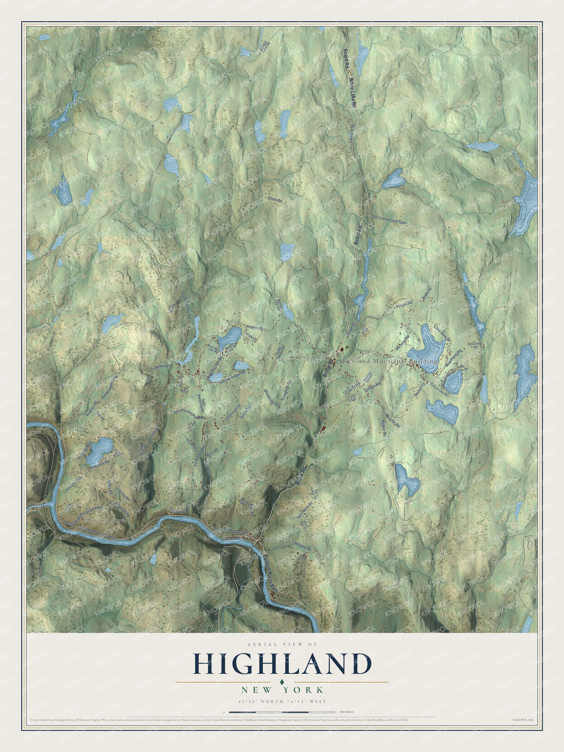 Detailed map of Highland, New York, showing streets, buildings, and neighborhoods