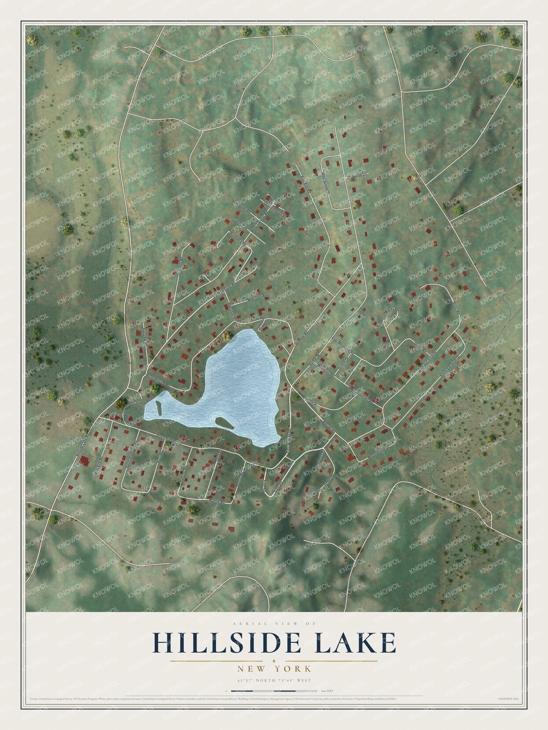 Full map of Hillside Lake, New York, with red buildings, printed street names and the land around them