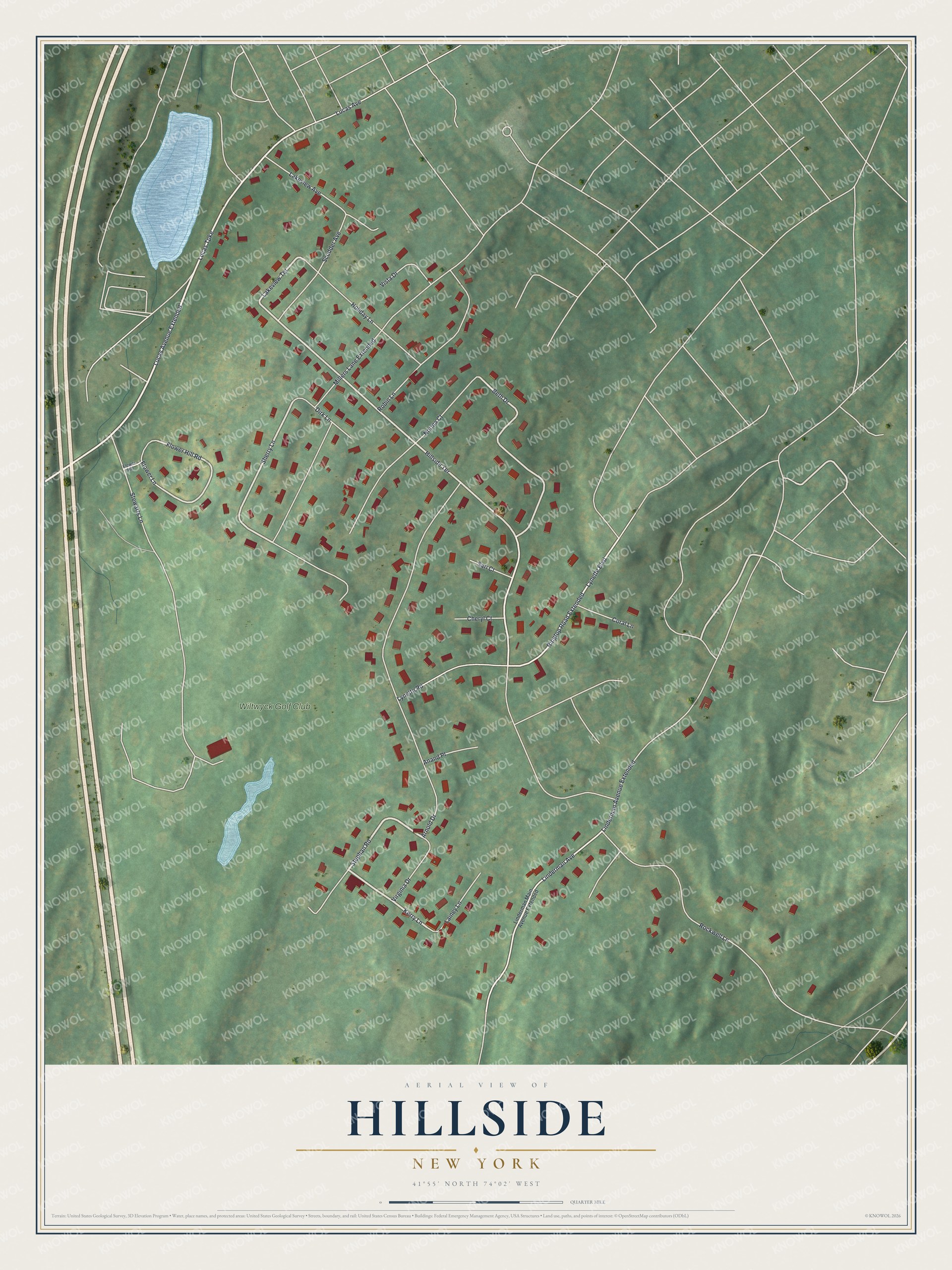 Full map of Hillside, New York, with red buildings, printed street names and the land around them