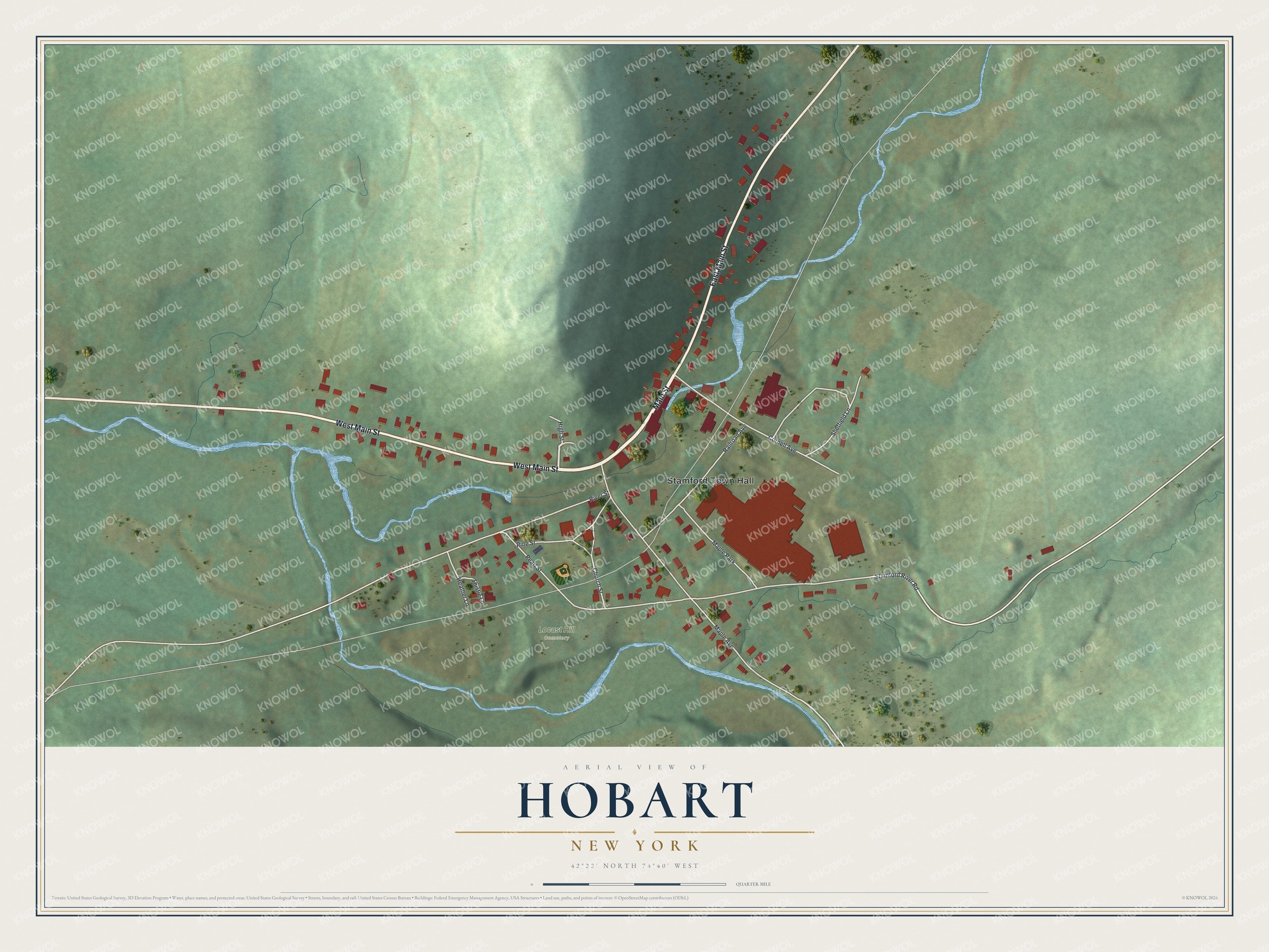Full map of Hobart, New York, with red buildings, printed street names and the land around them