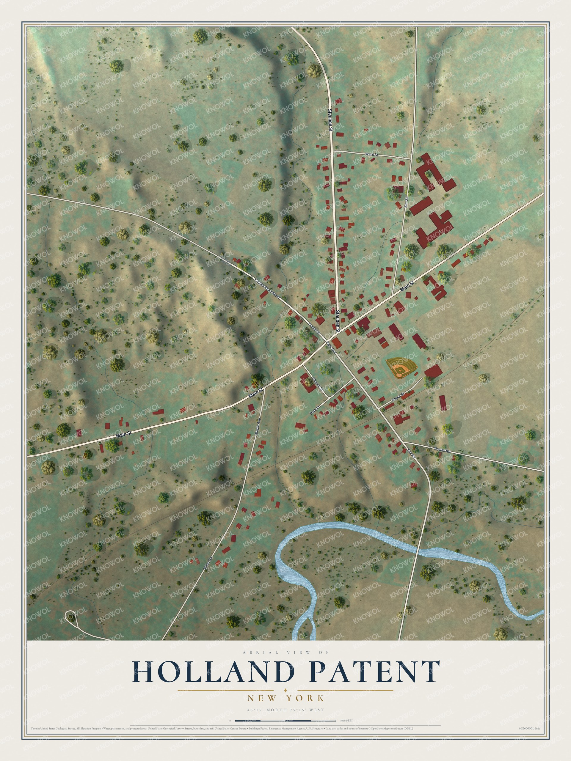 Full map of Holland Patent, New York, with red buildings, printed street names and the land around them