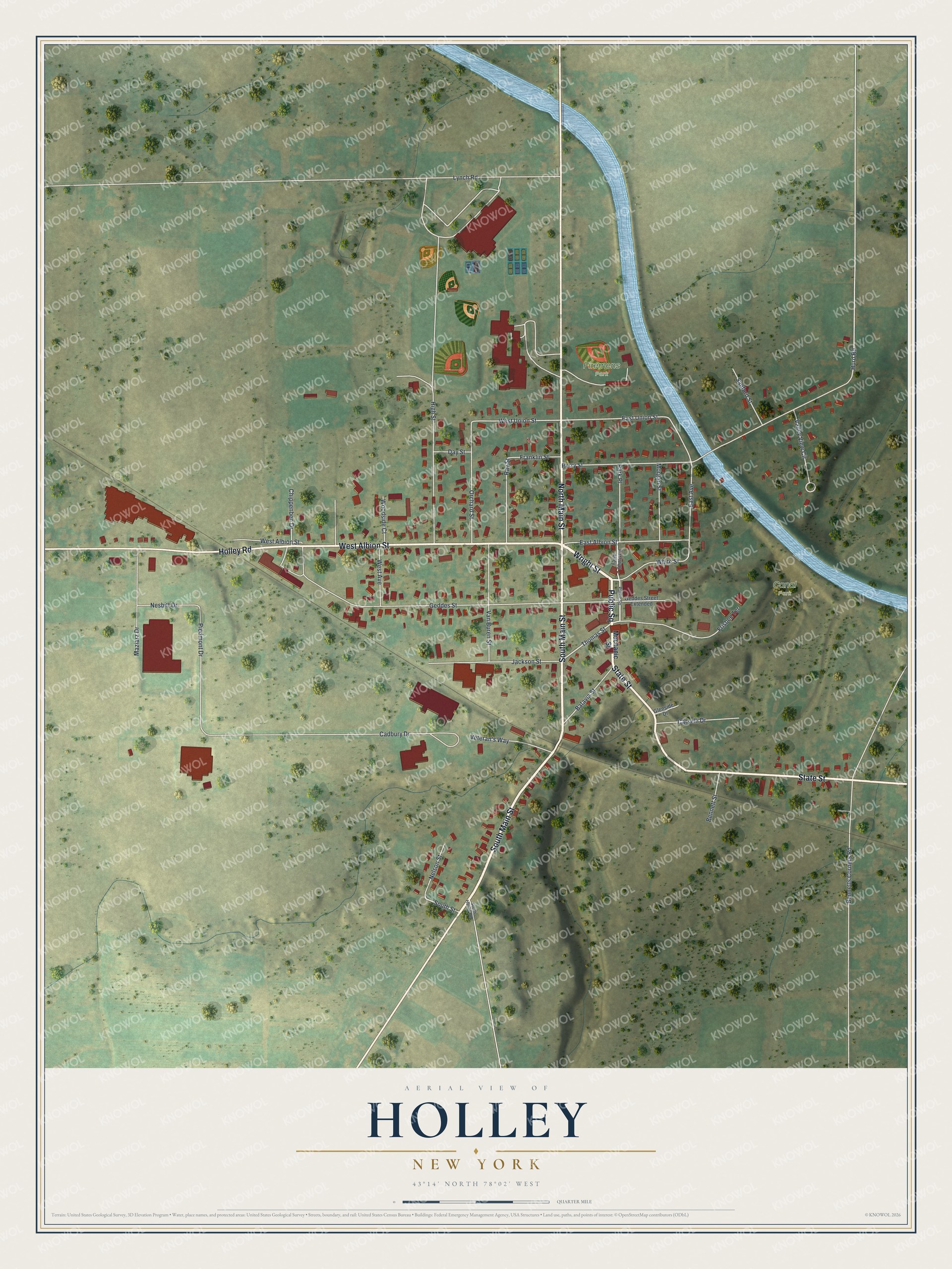 Full map of Holley, New York, with red buildings, printed street names and the land around them