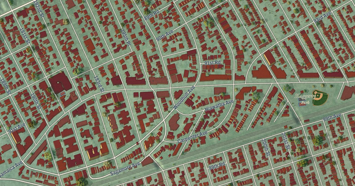 Close-up of streets and buildings in Hollis, New York