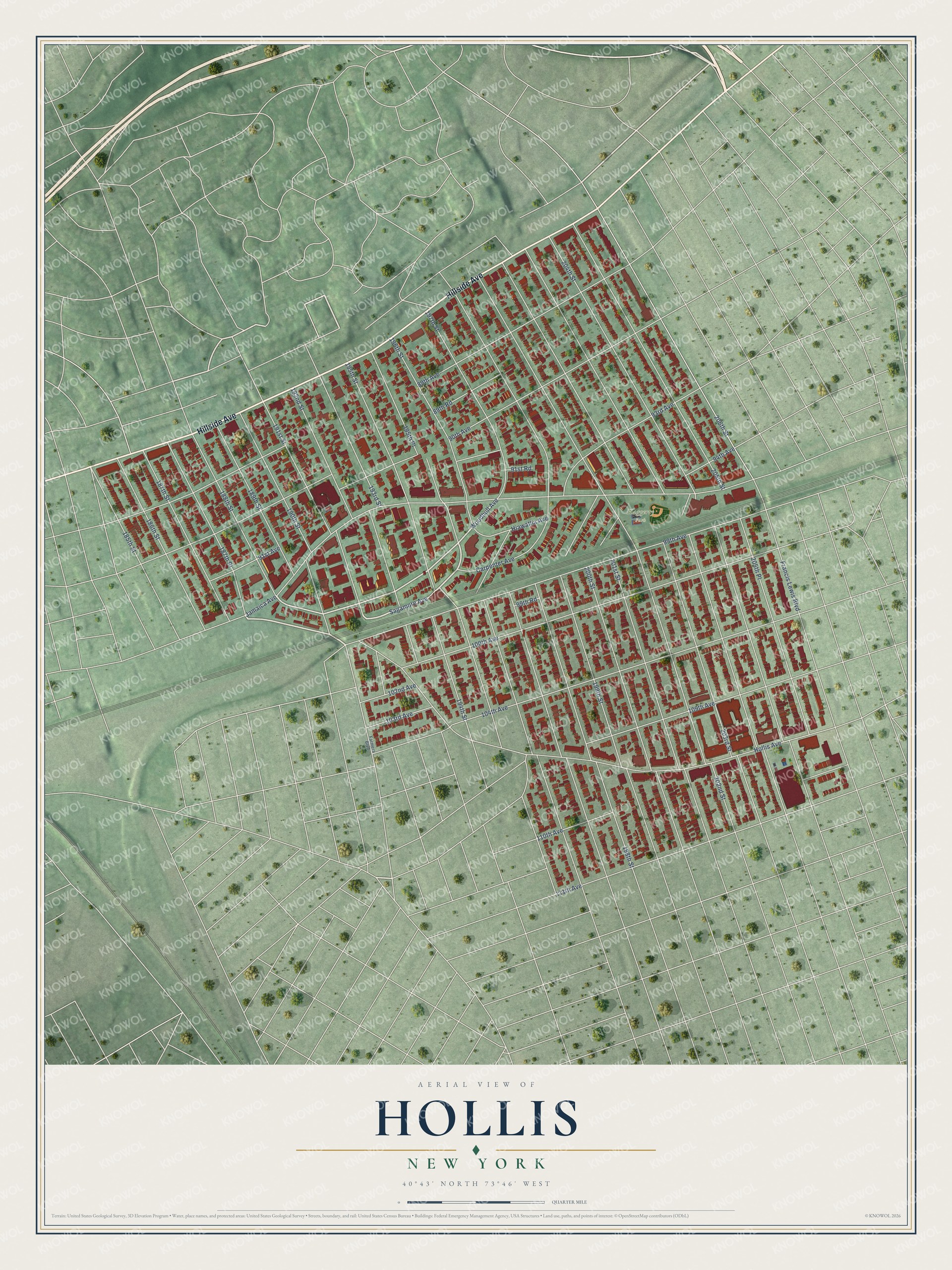Full map of Hollis, New York, with red buildings, printed street names and the land around them