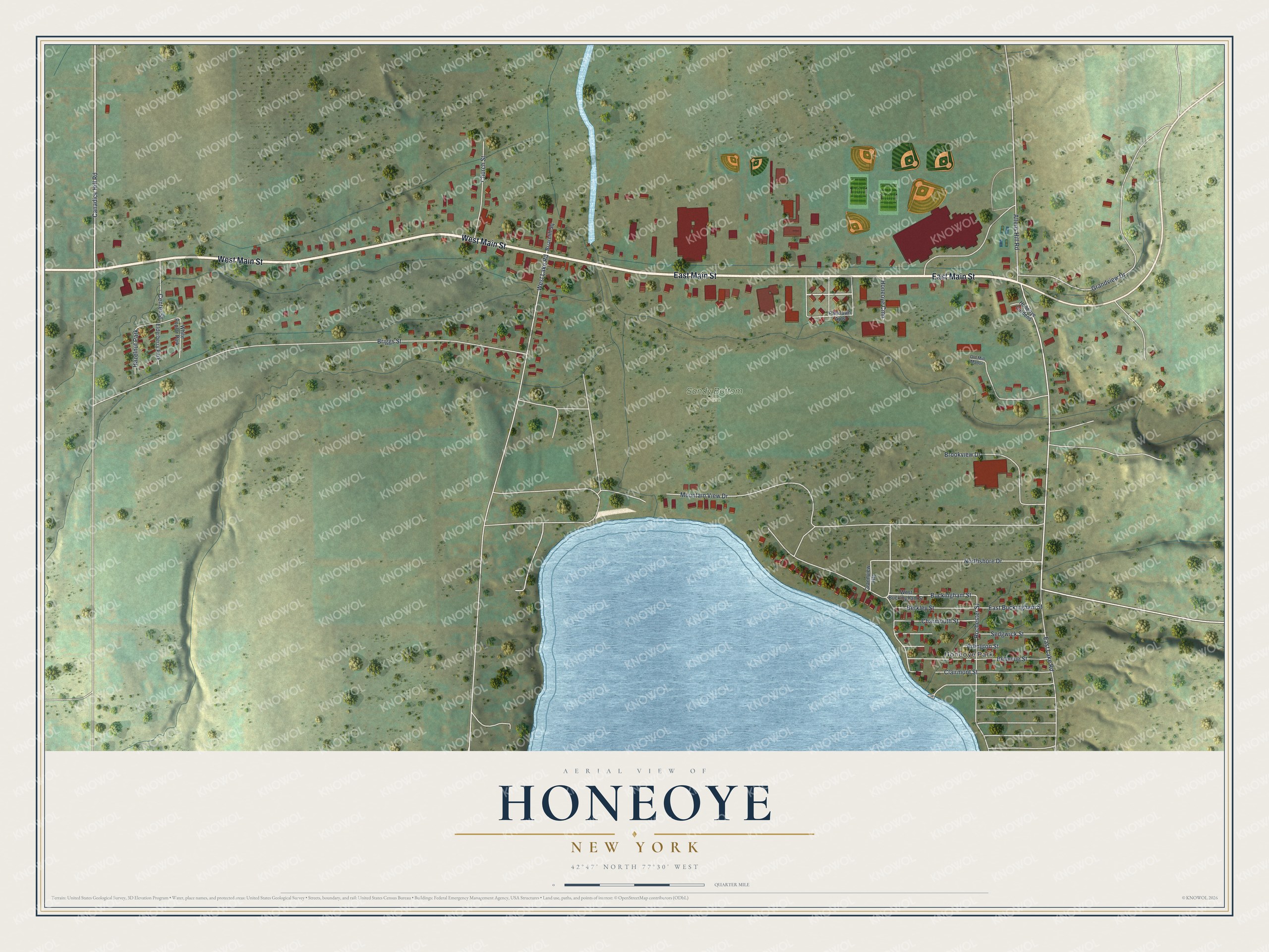 Full map of Honeoye, New York, with red buildings, printed street names and the land around them