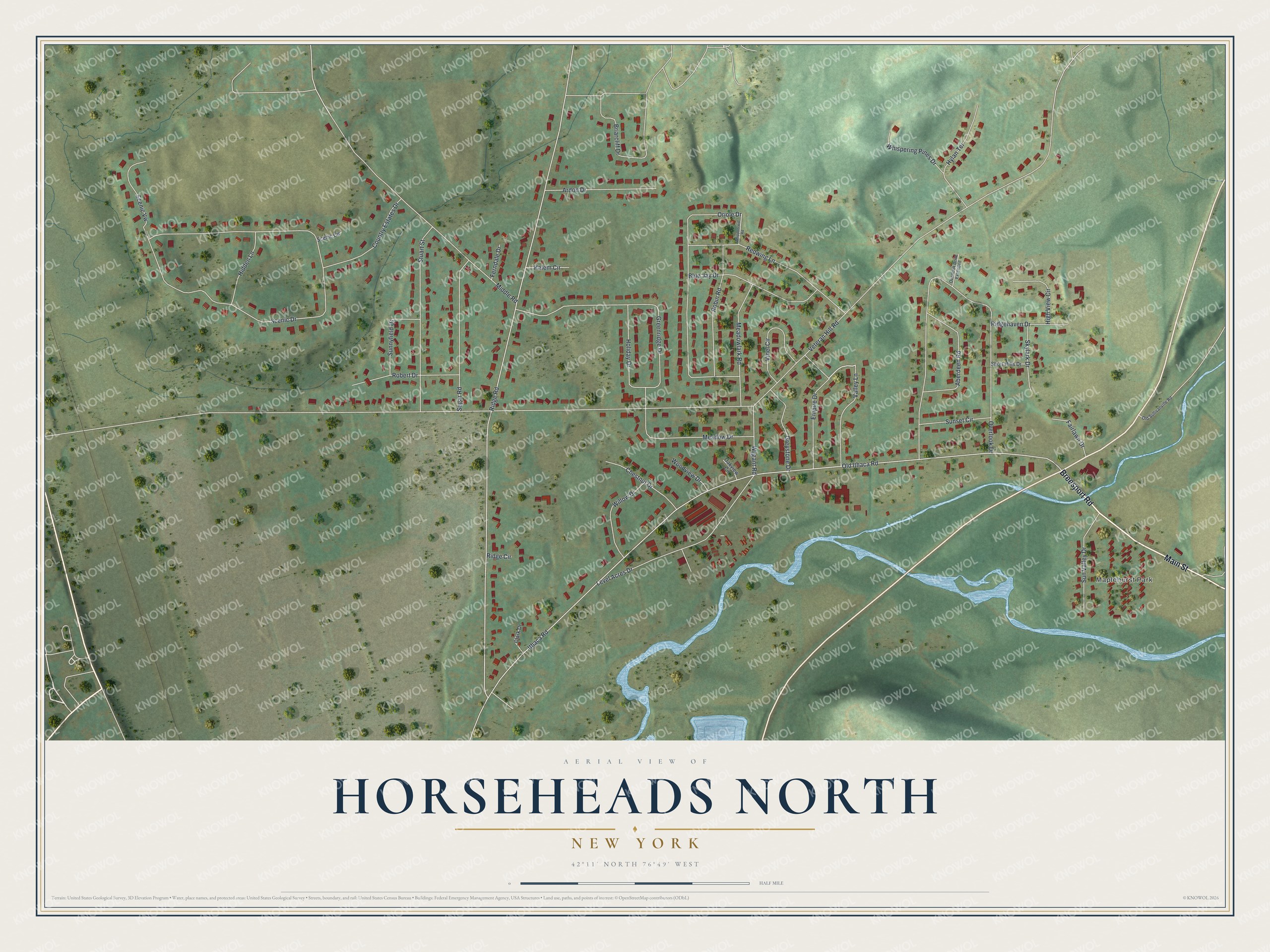 Full map of Horseheads North, New York, with red buildings, printed street names and the land around them