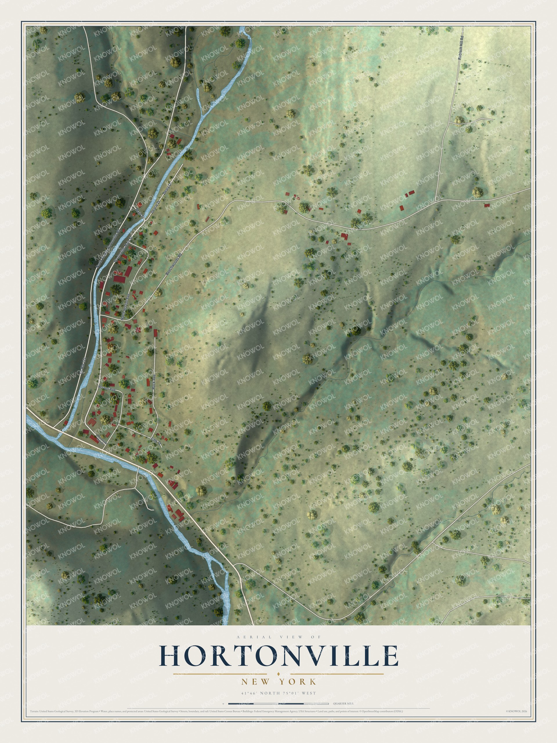 Full map of Hortonville, New York, with red buildings, printed street names and the land around them
