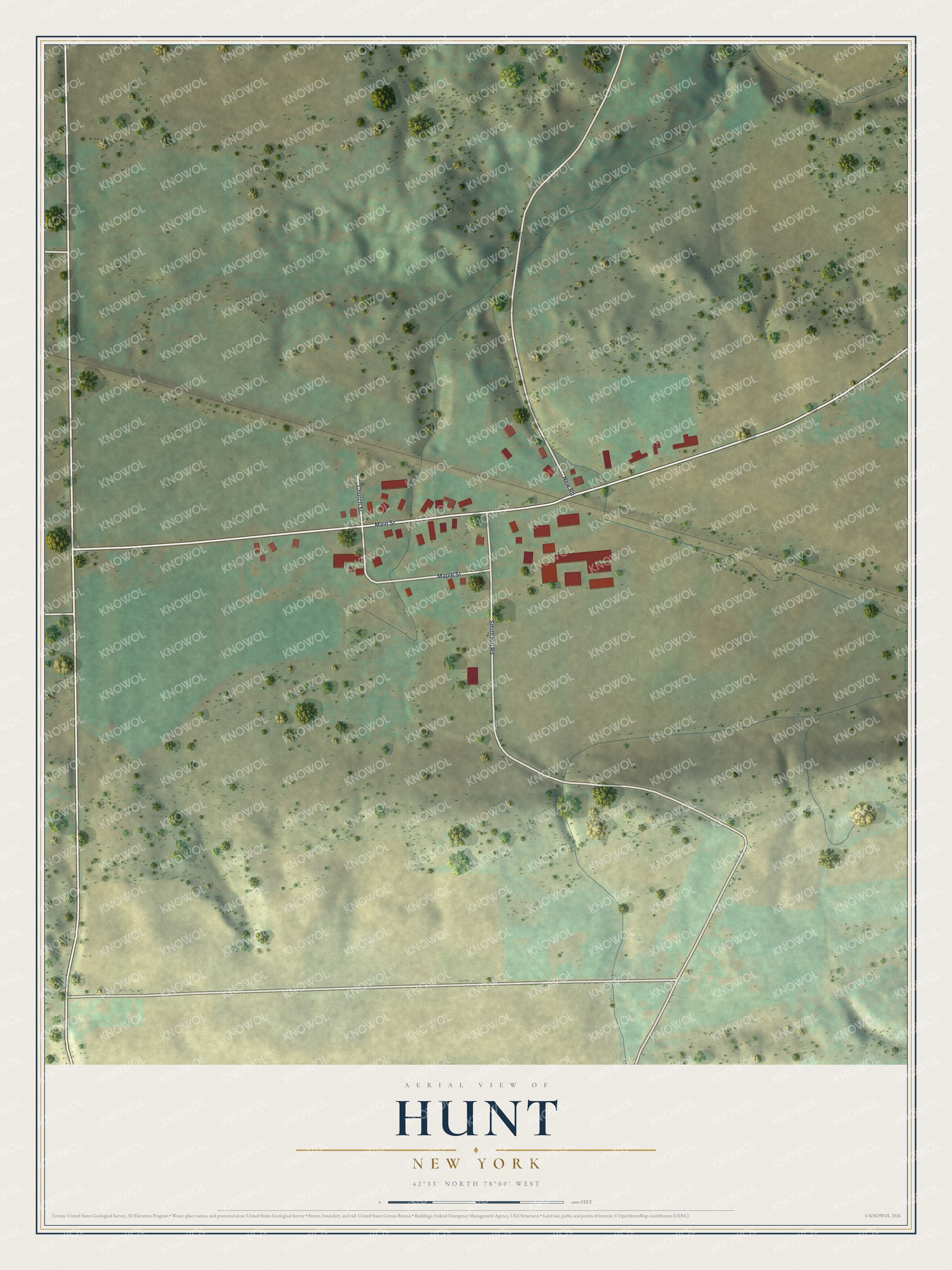 Full map of Hunt, New York, with red buildings, printed street names and the land around them