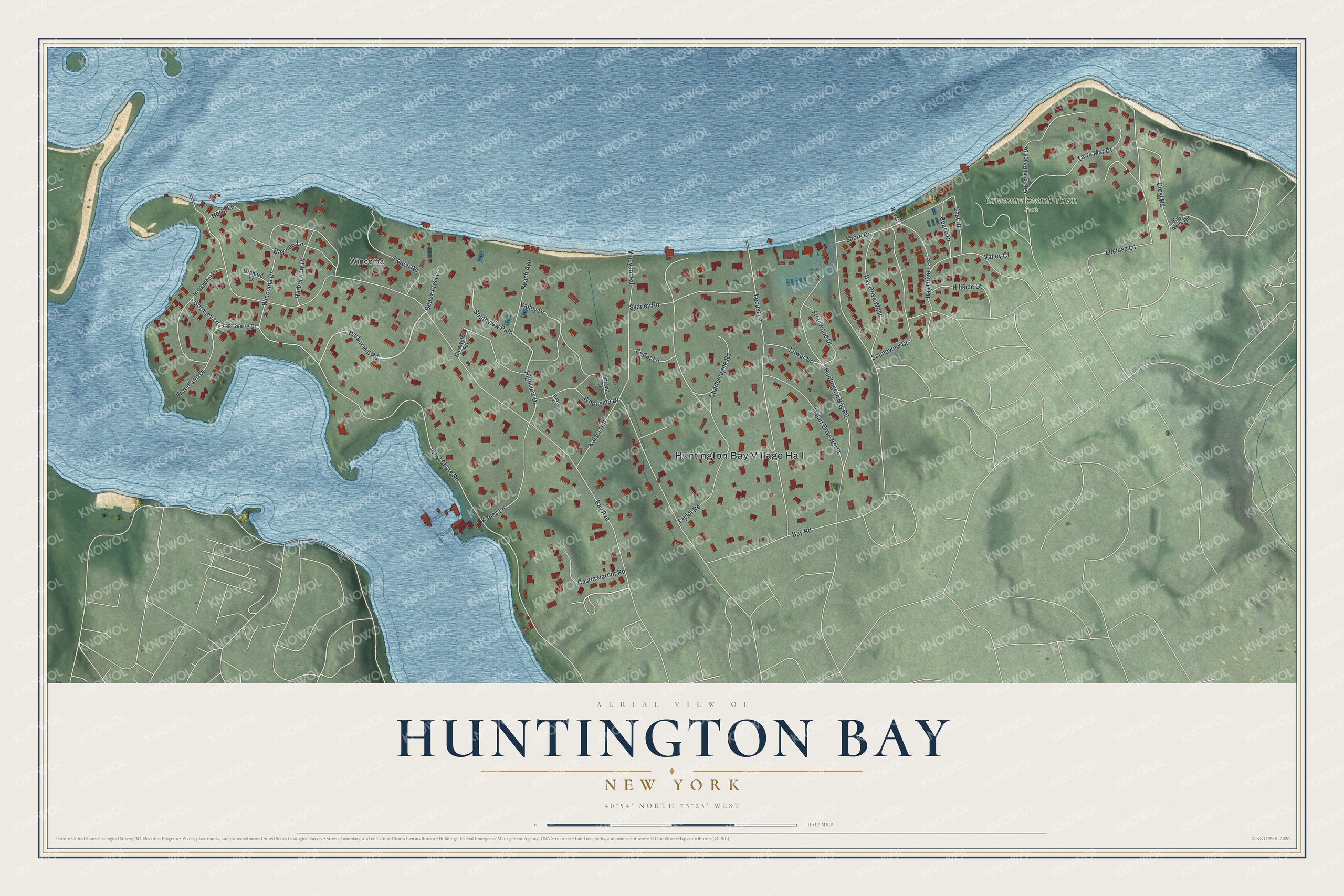Full map of Huntington Bay, New York, with red buildings, printed street names and the land around them
