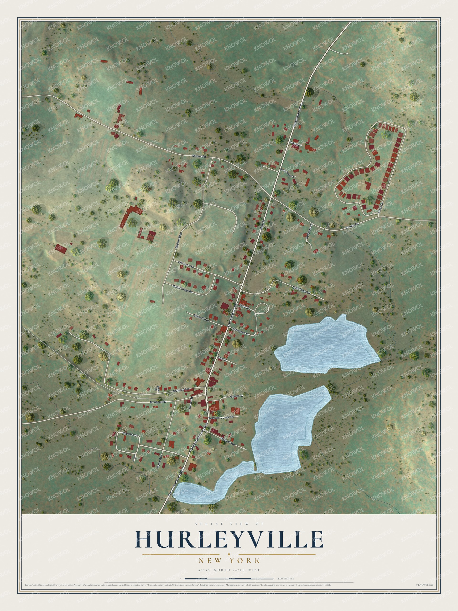 Full map of Hurleyville, New York, with red buildings, printed street names and the land around them