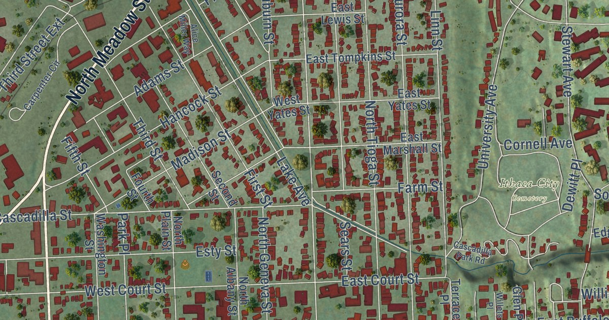 Close-up of streets and buildings in the City of Ithaca, Tompkins County, New York