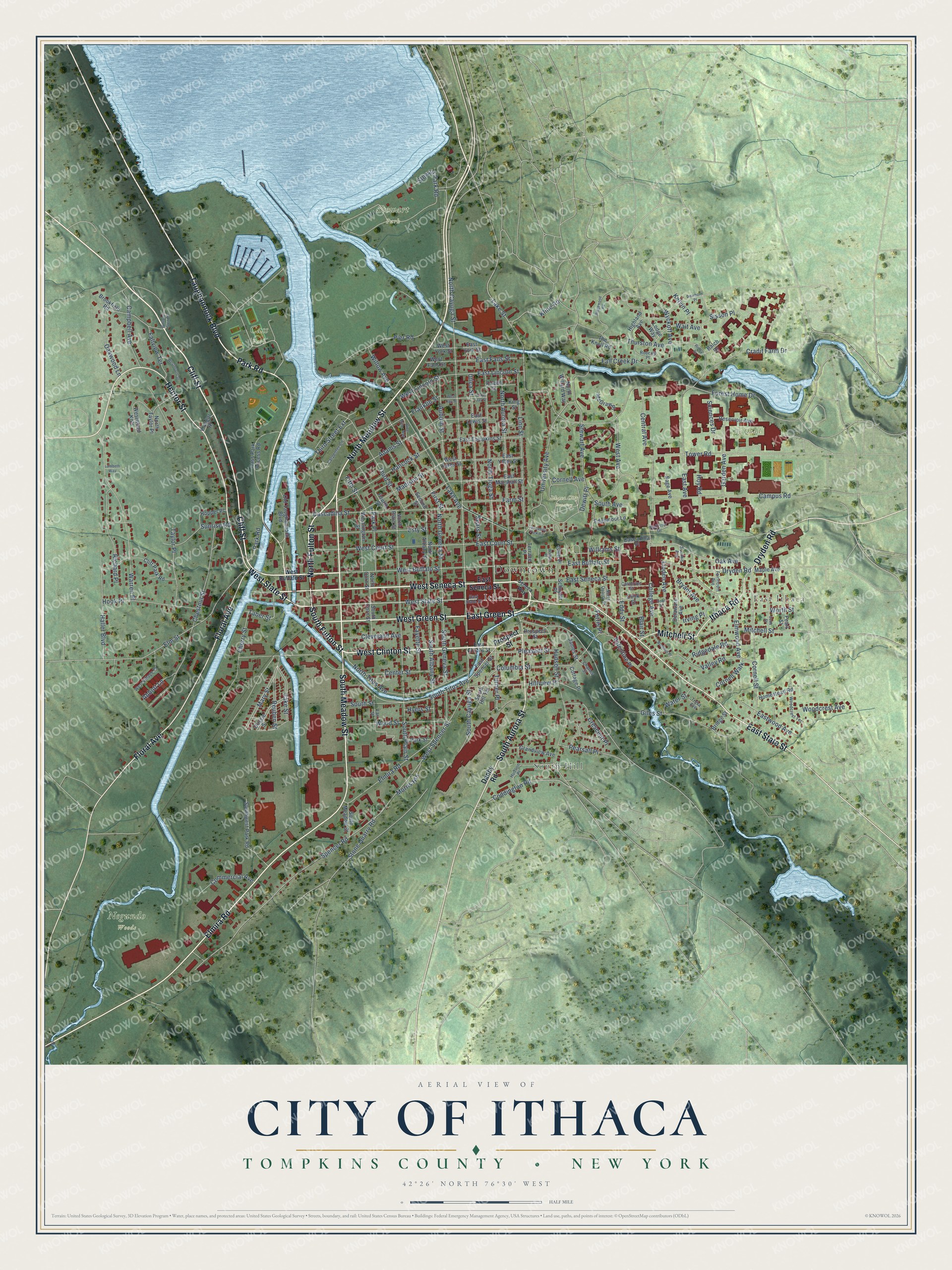 Detailed map of the City of Ithaca, Tompkins County, New York, showing streets, buildings, neighborhoods, and parks