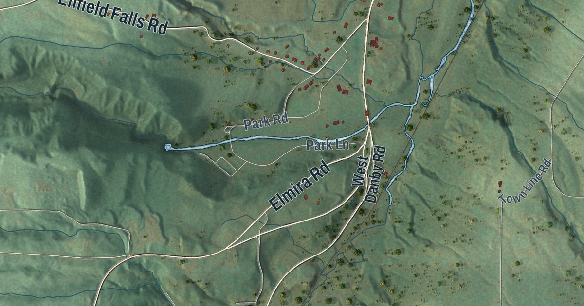 Close-up of streets and buildings in the Town of Ithaca, Tompkins County, New York