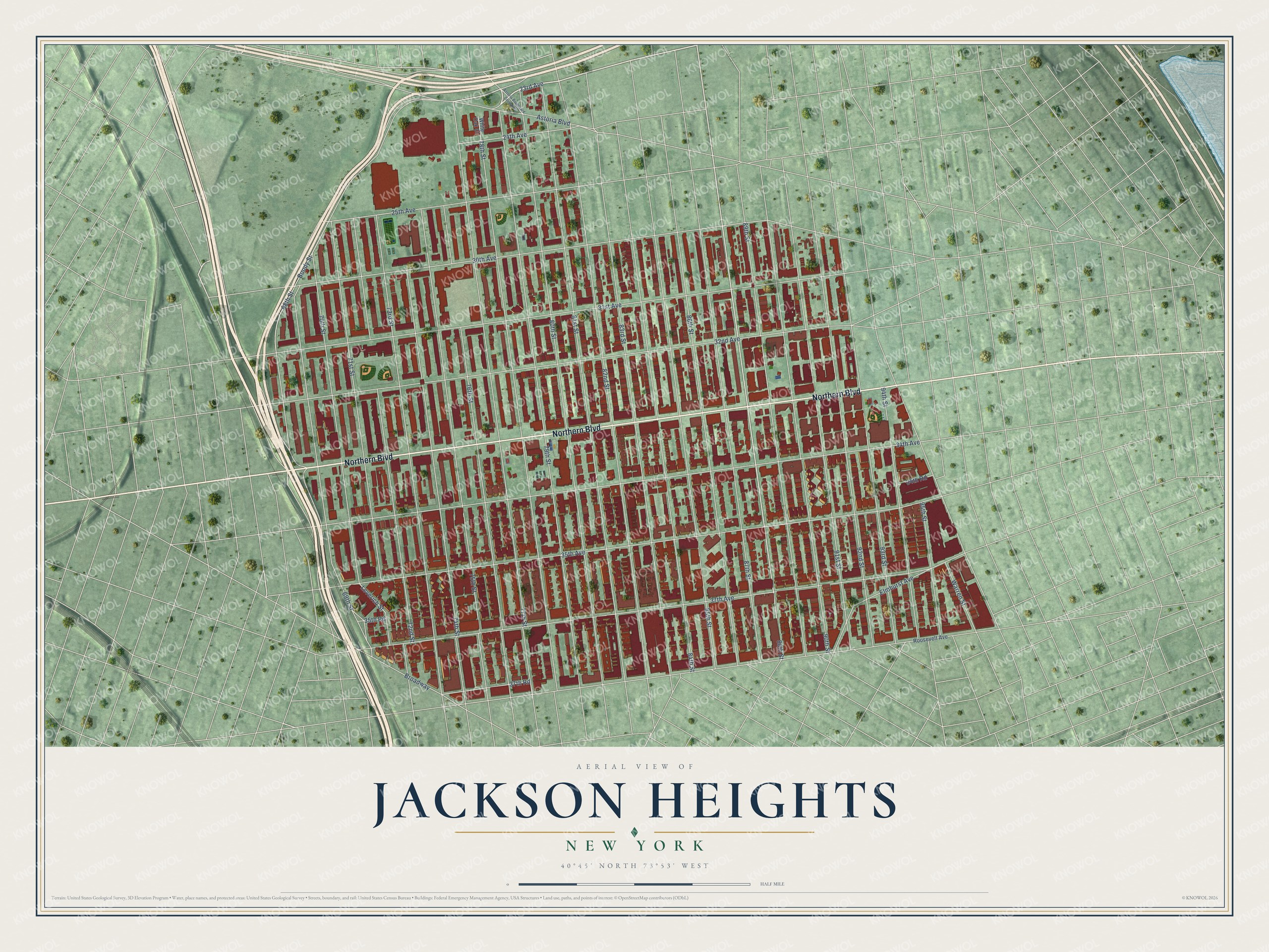 Full map of Jackson Heights, New York, with red buildings, printed street names and the land around them