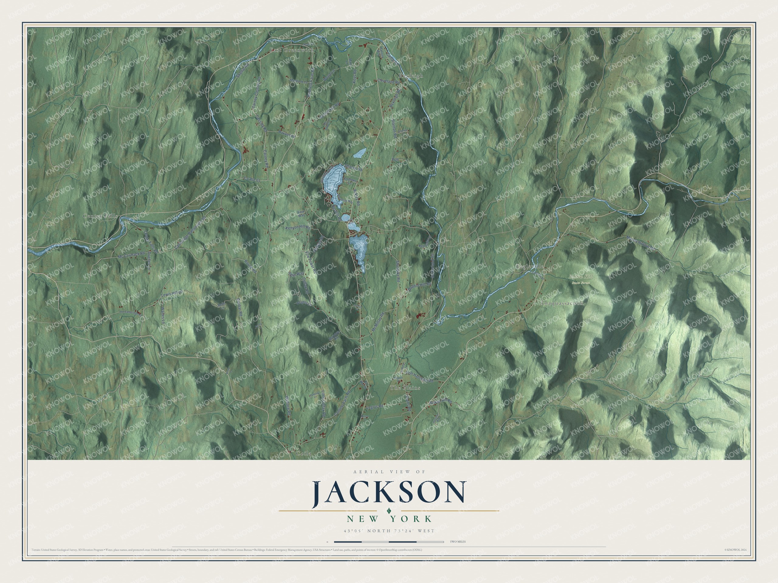 Detailed map of Jackson, New York, showing streets, buildings, neighborhoods, and parks