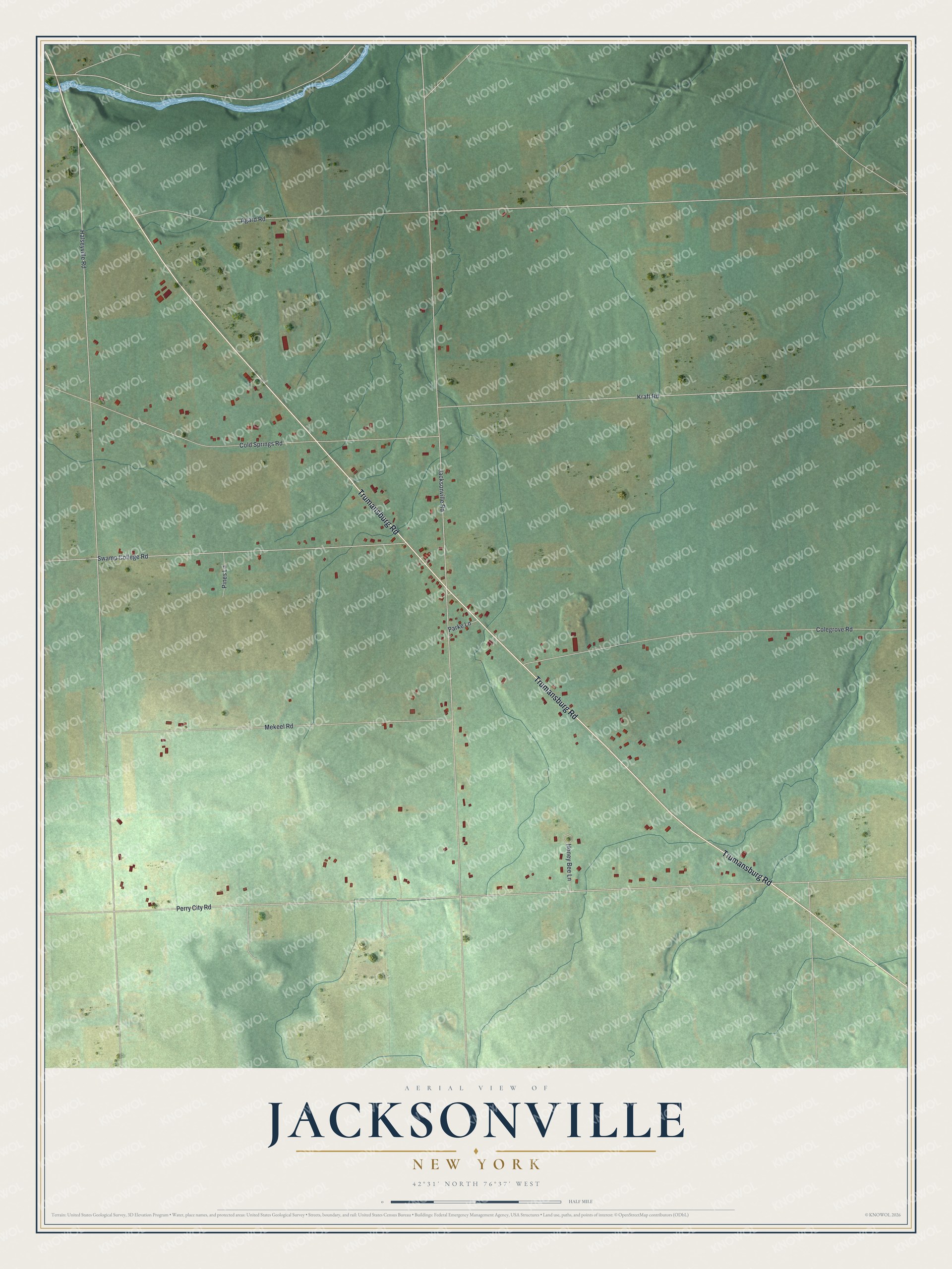 Full map of Jacksonville, New York, with red buildings, printed street names and the land around them
