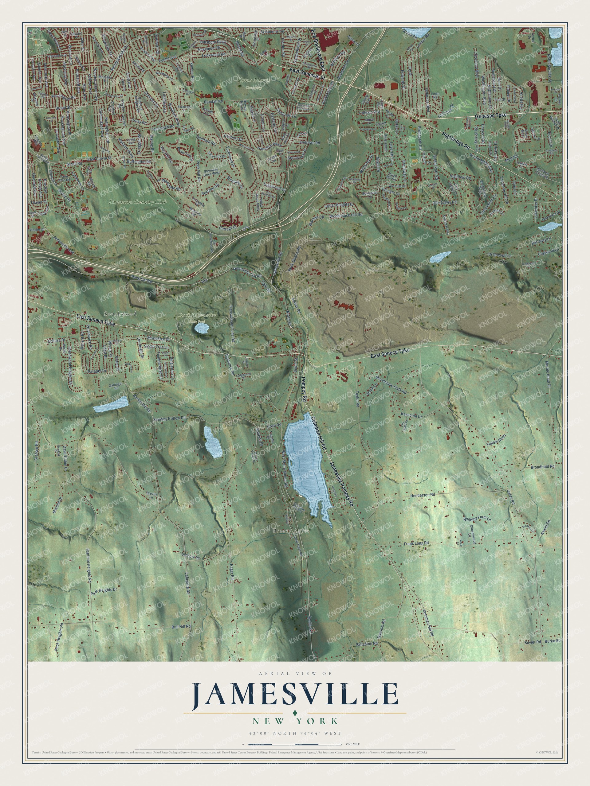 Full map of Jamesville, New York, with red buildings, printed street names and the land around them