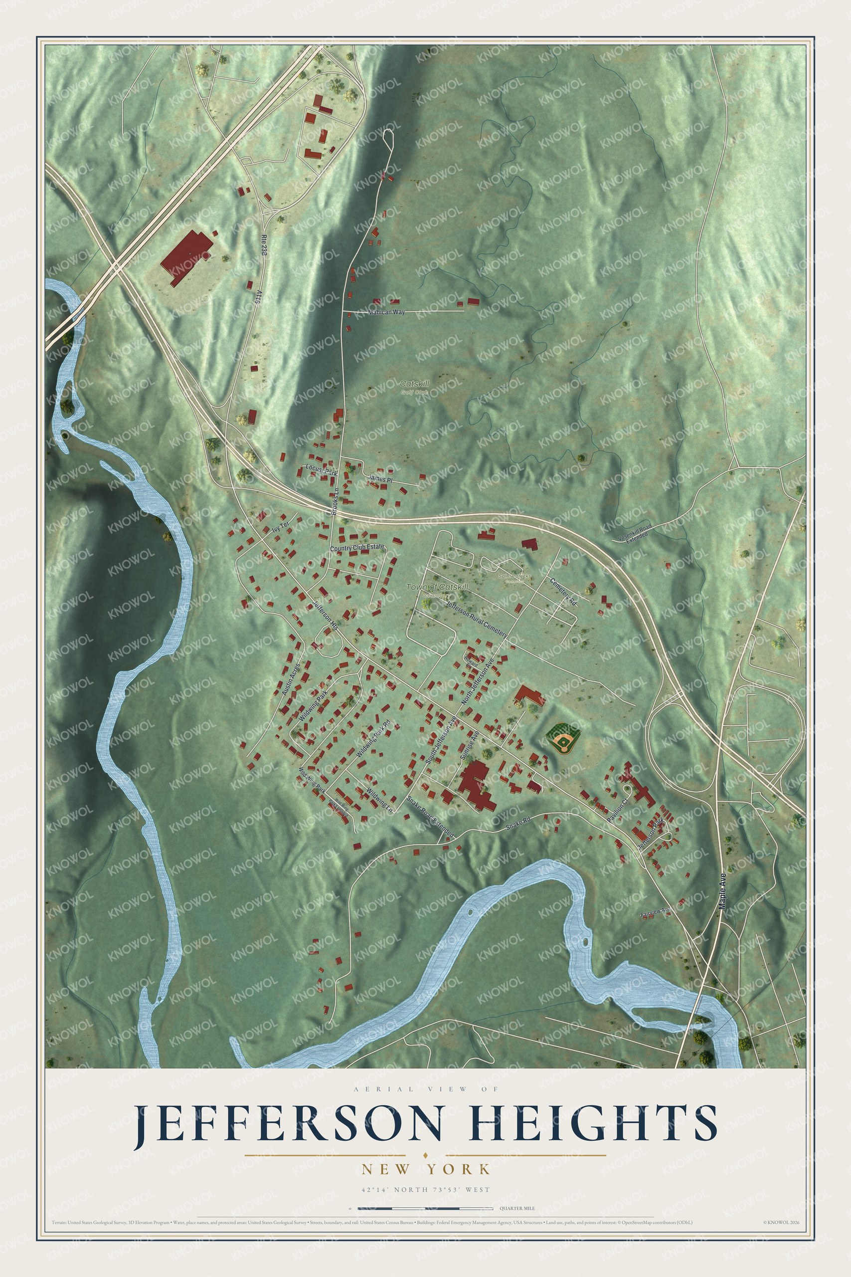 Full map of Jefferson Heights, New York, with red buildings, printed street names and the land around them