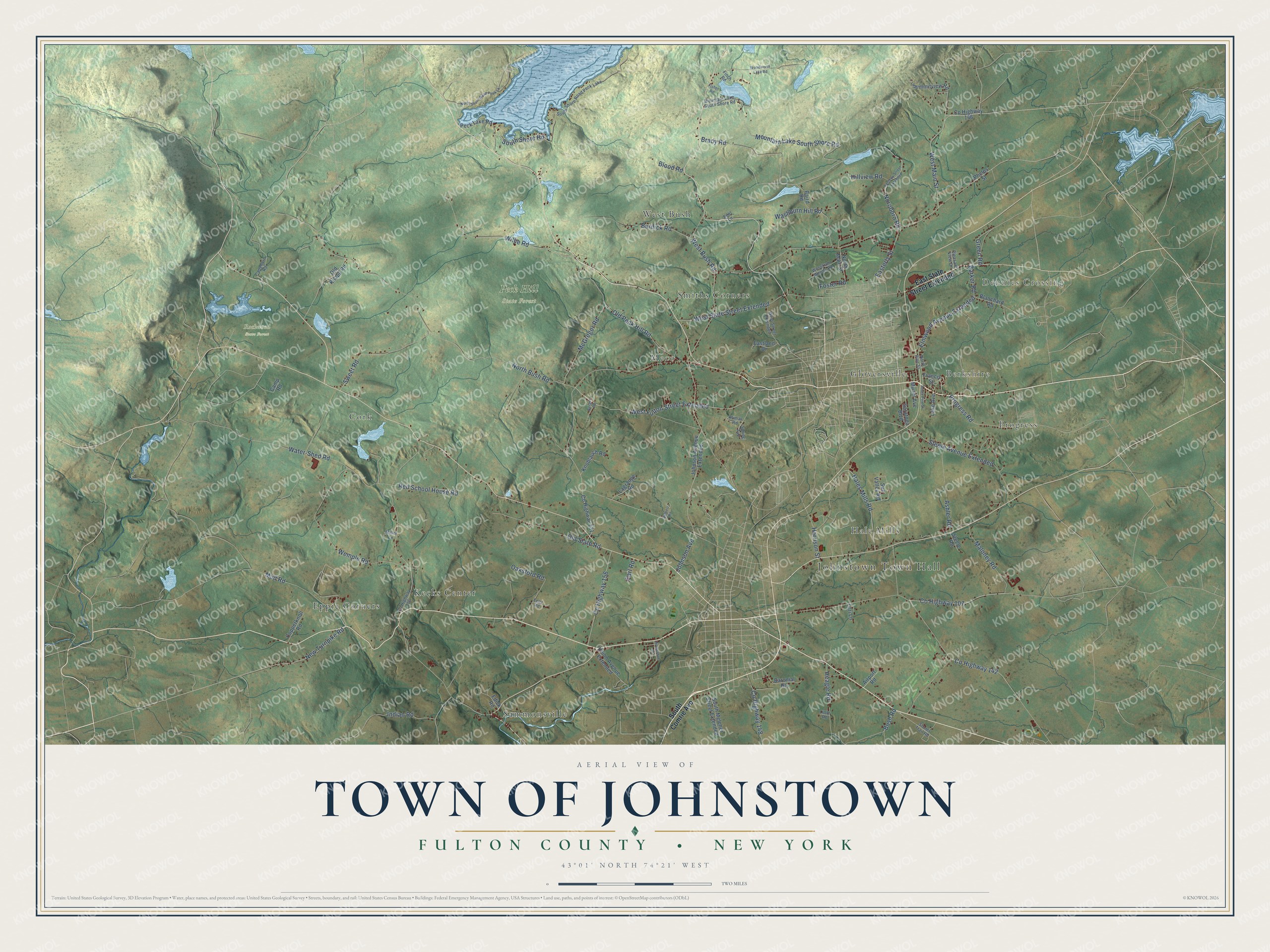 Detailed map of the Town of Johnstown, Fulton County, New York, showing streets, buildings, neighborhoods, and parks