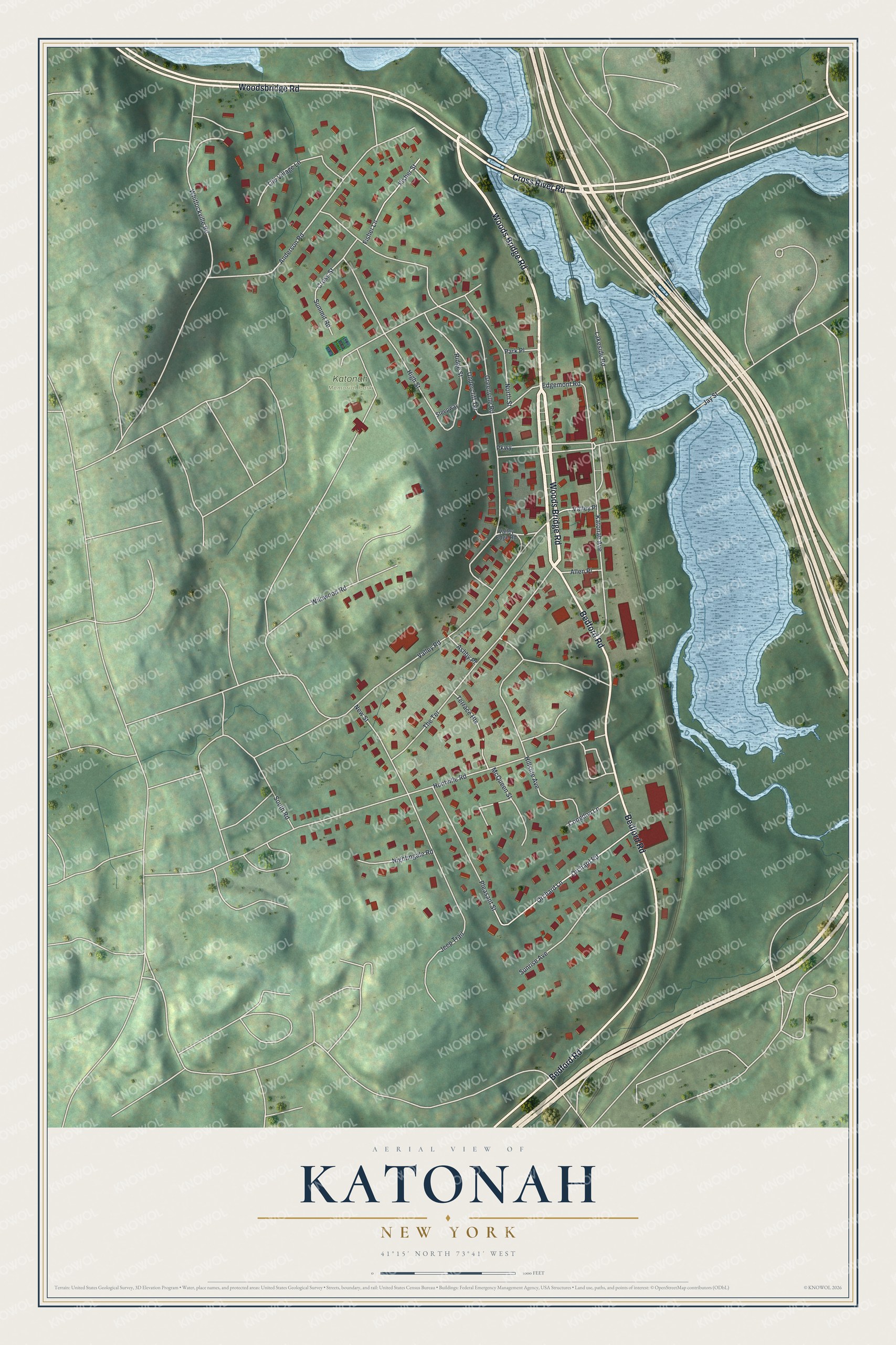 Full map of Katonah, New York, with red buildings, printed street names and the land around them