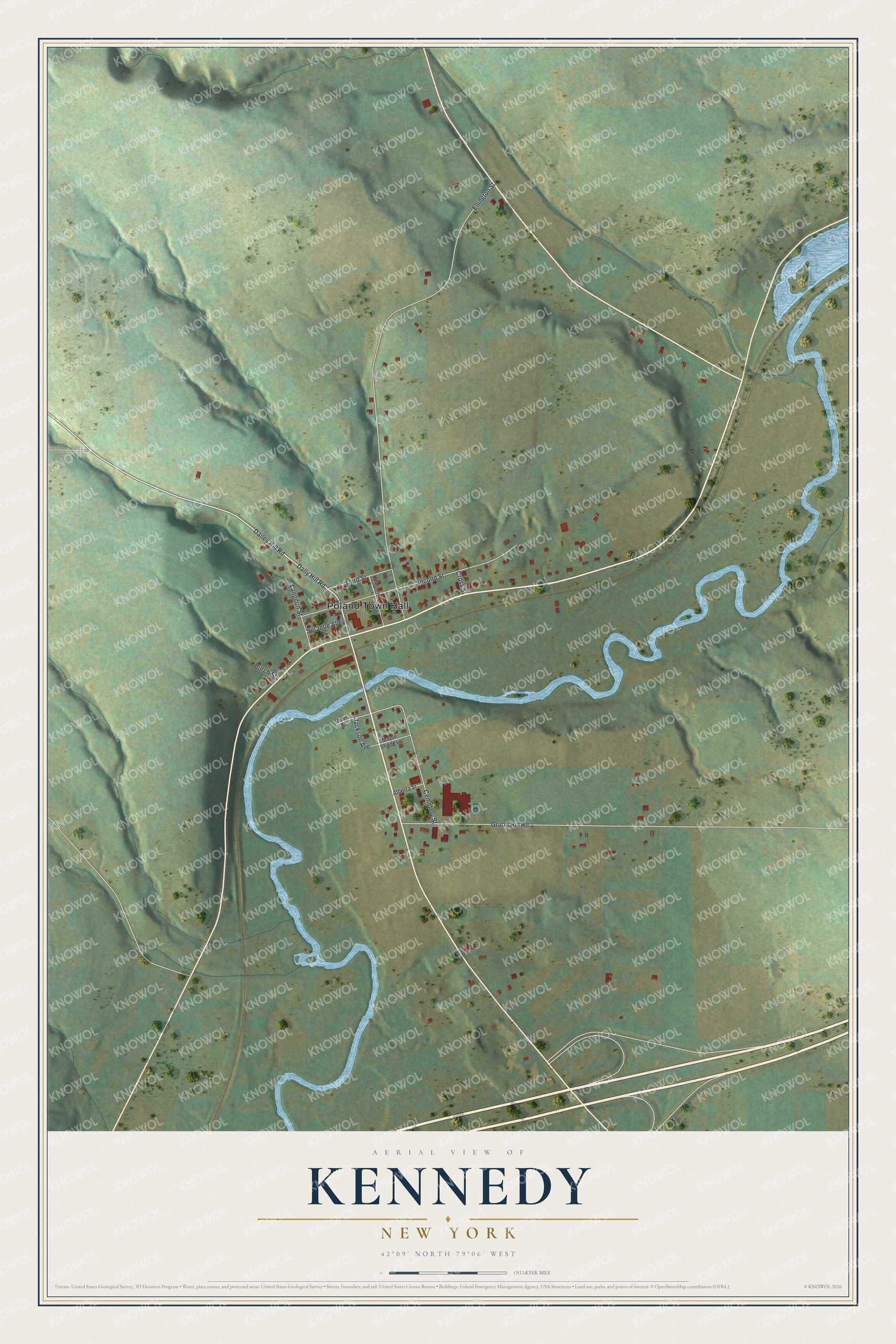 Full map of Kennedy, New York, with red buildings, printed street names and the land around them