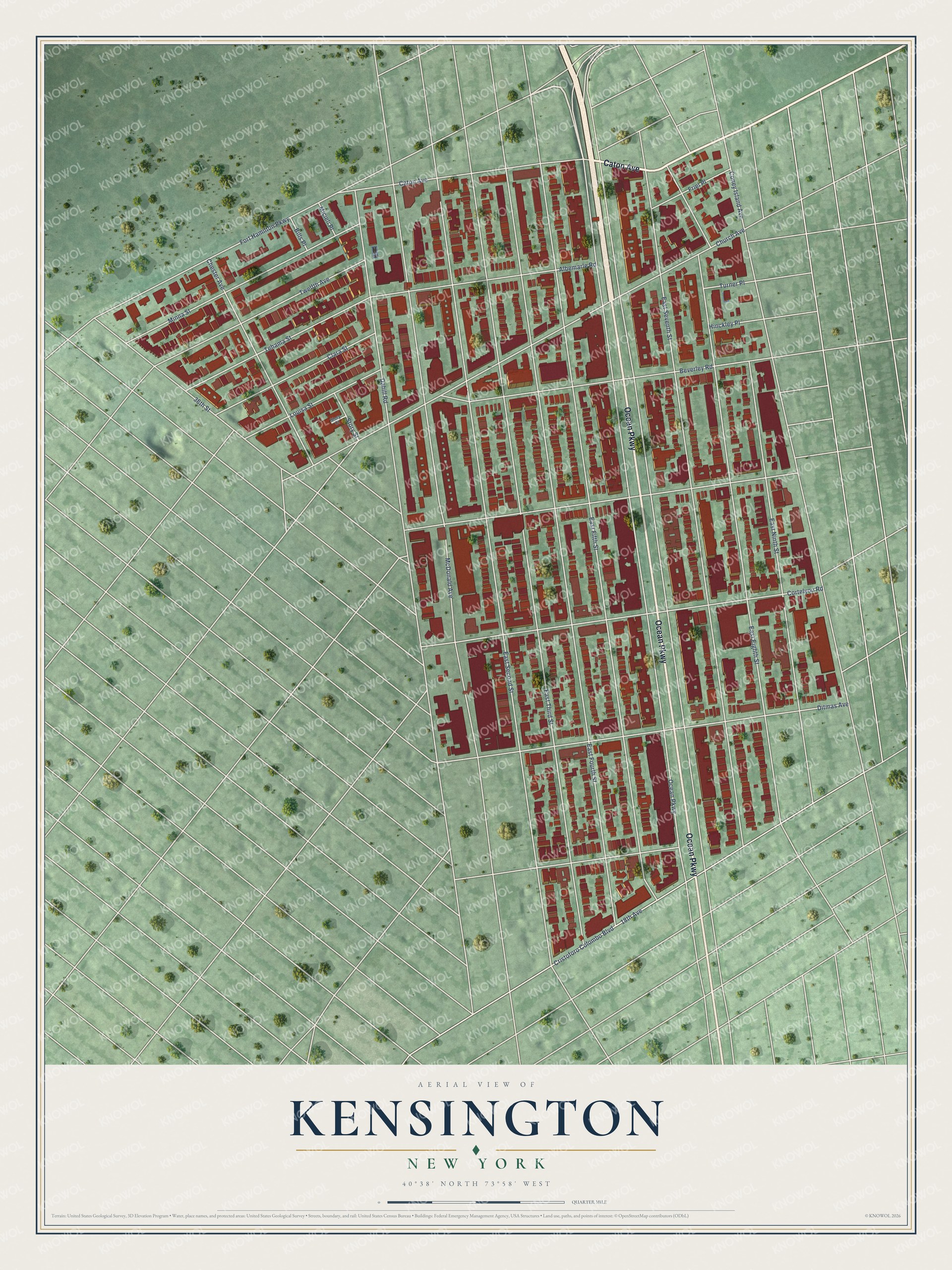 Full map of Kensington, New York, with red buildings, printed street names and the land around them