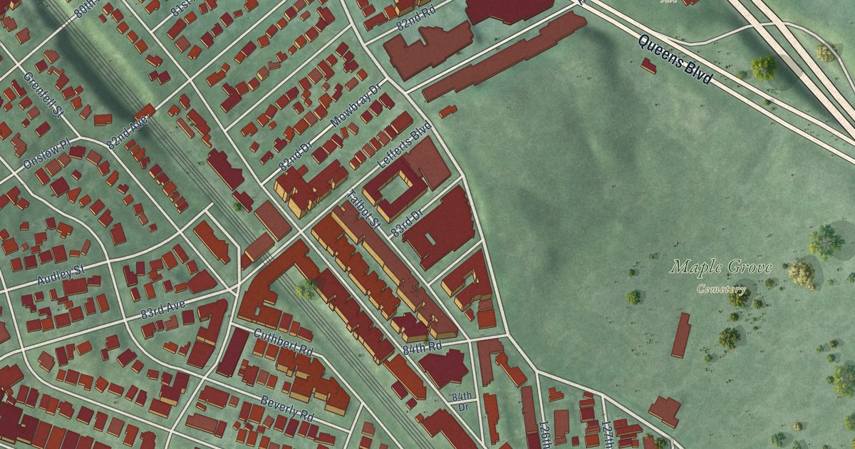 Close-up of streets and buildings in Kew Gardens, New York