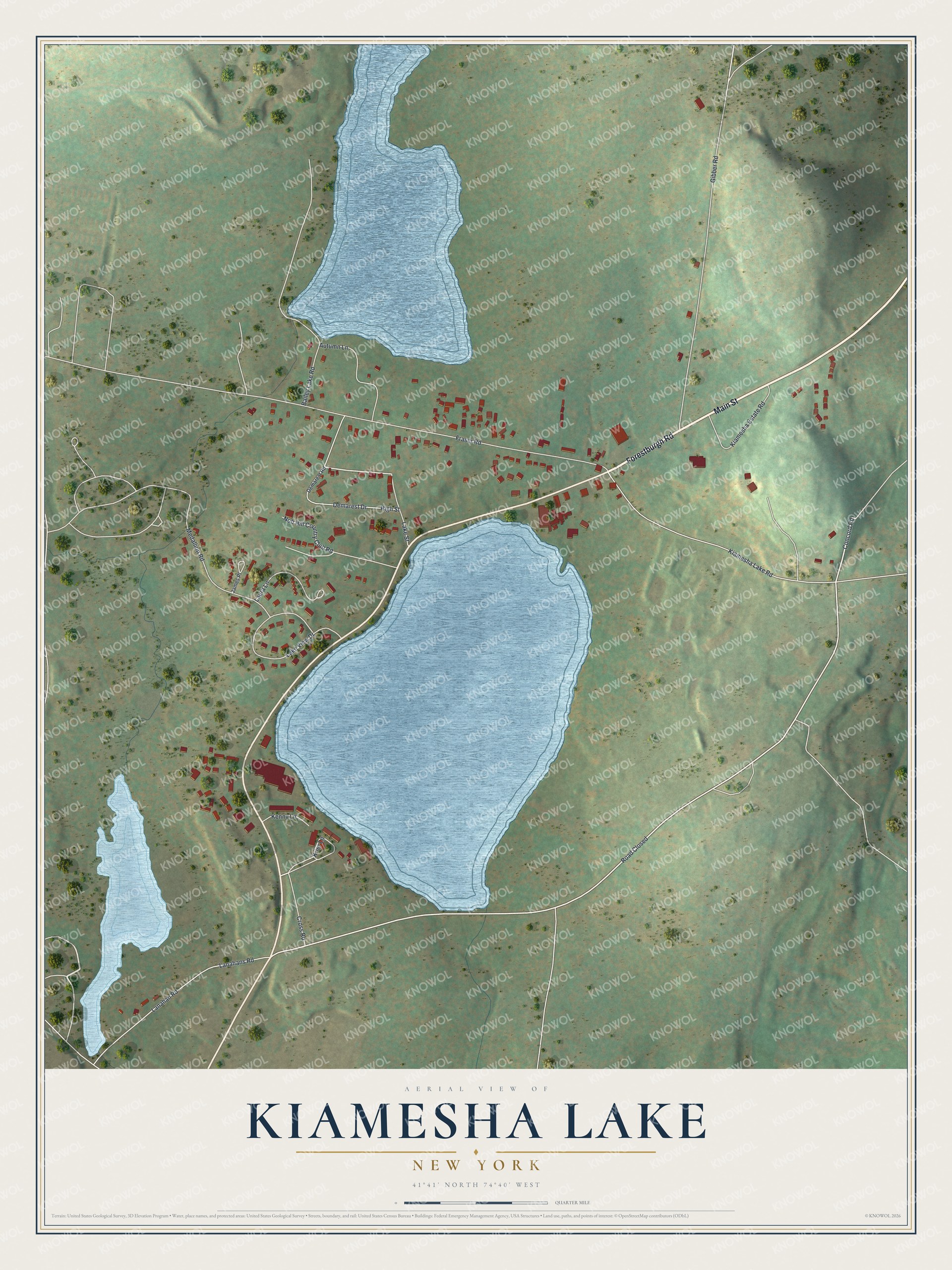 Full map of Kiamesha Lake, New York, with red buildings, printed street names and the land around them