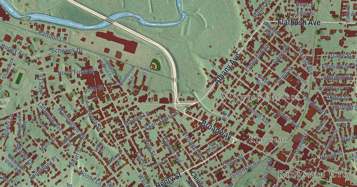 Close-up of streets and buildings in the City of Kingston, Ulster County, New York