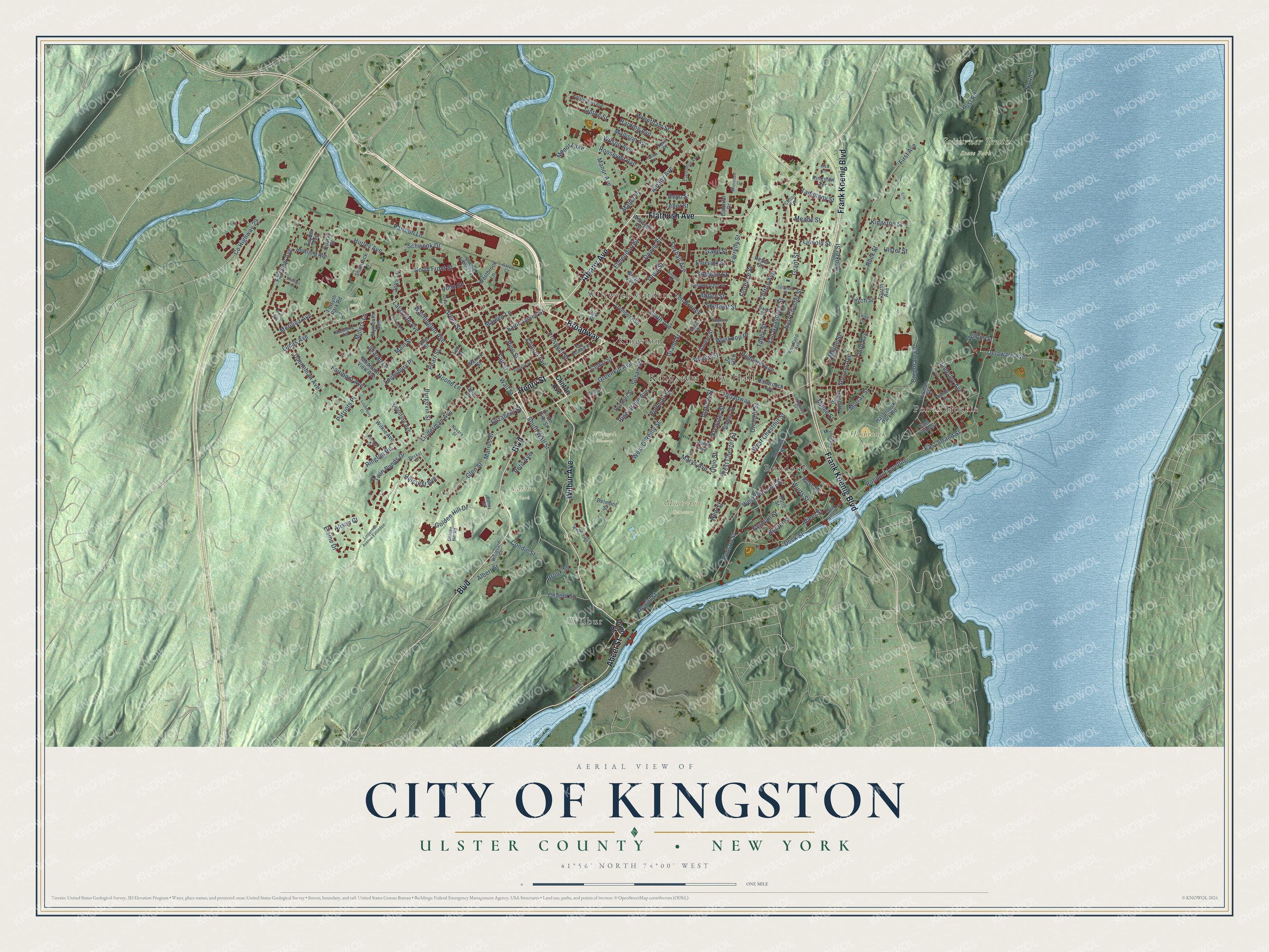 Detailed map of the City of Kingston, Ulster County, New York, showing streets, buildings, neighborhoods, and parks