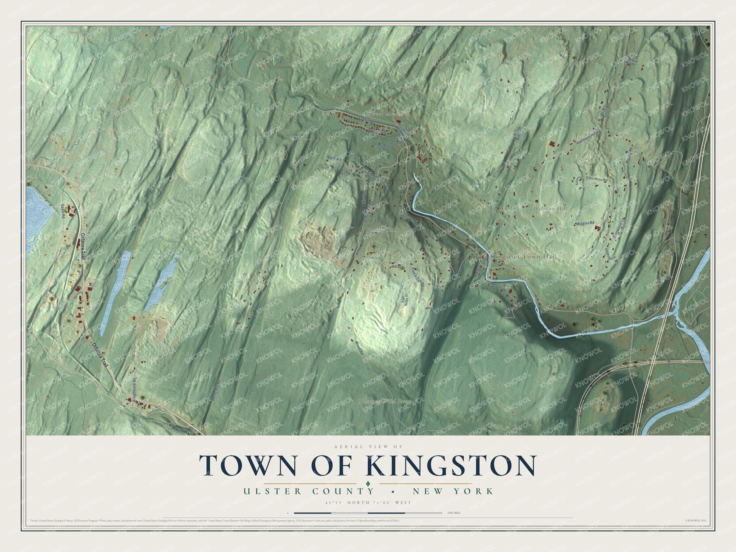 Detailed map of the Town of Kingston, Ulster County, New York, showing streets, buildings, neighborhoods, and parks