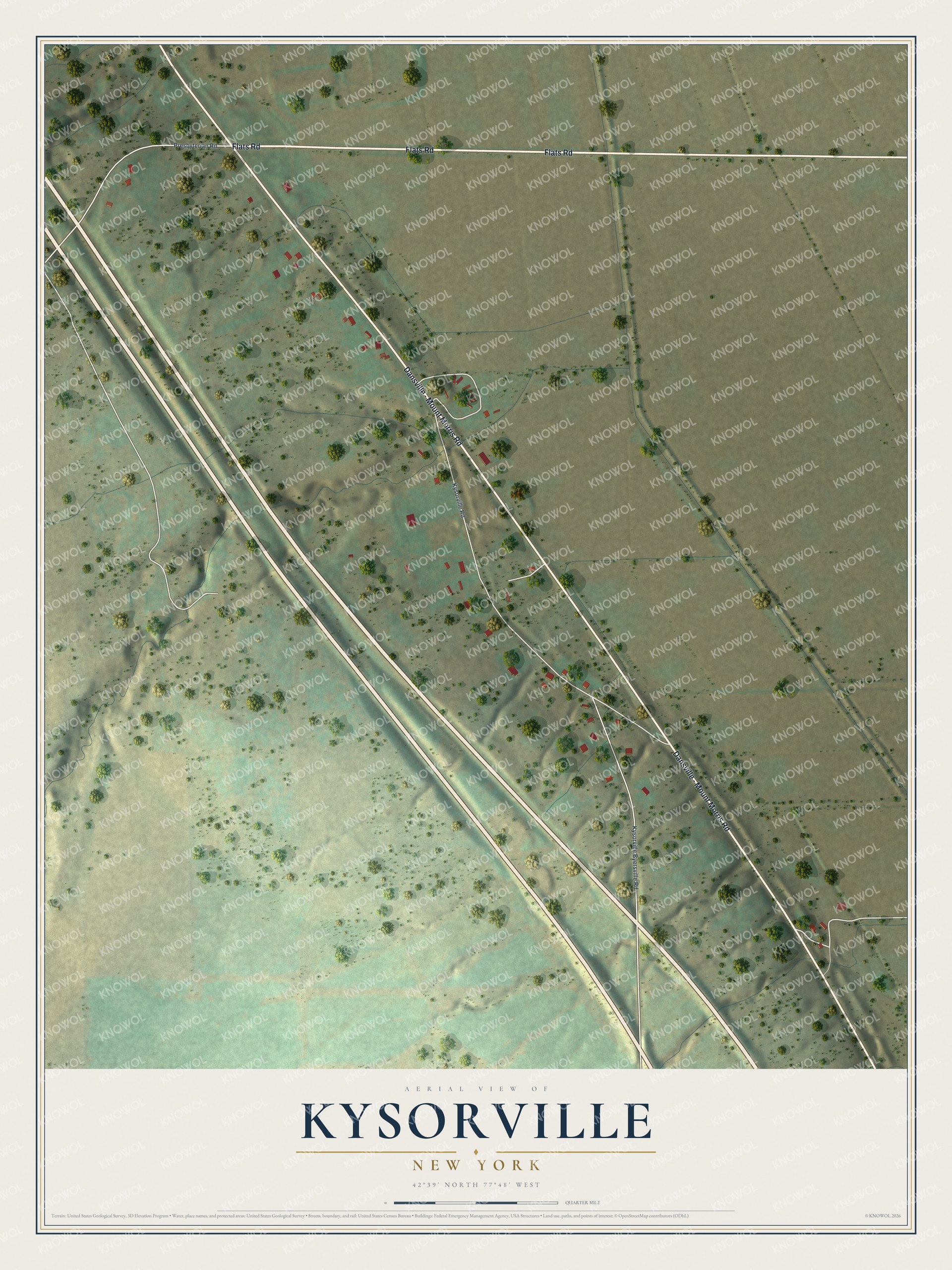 Full map of Kysorville, New York, with red buildings, printed street names and the land around them