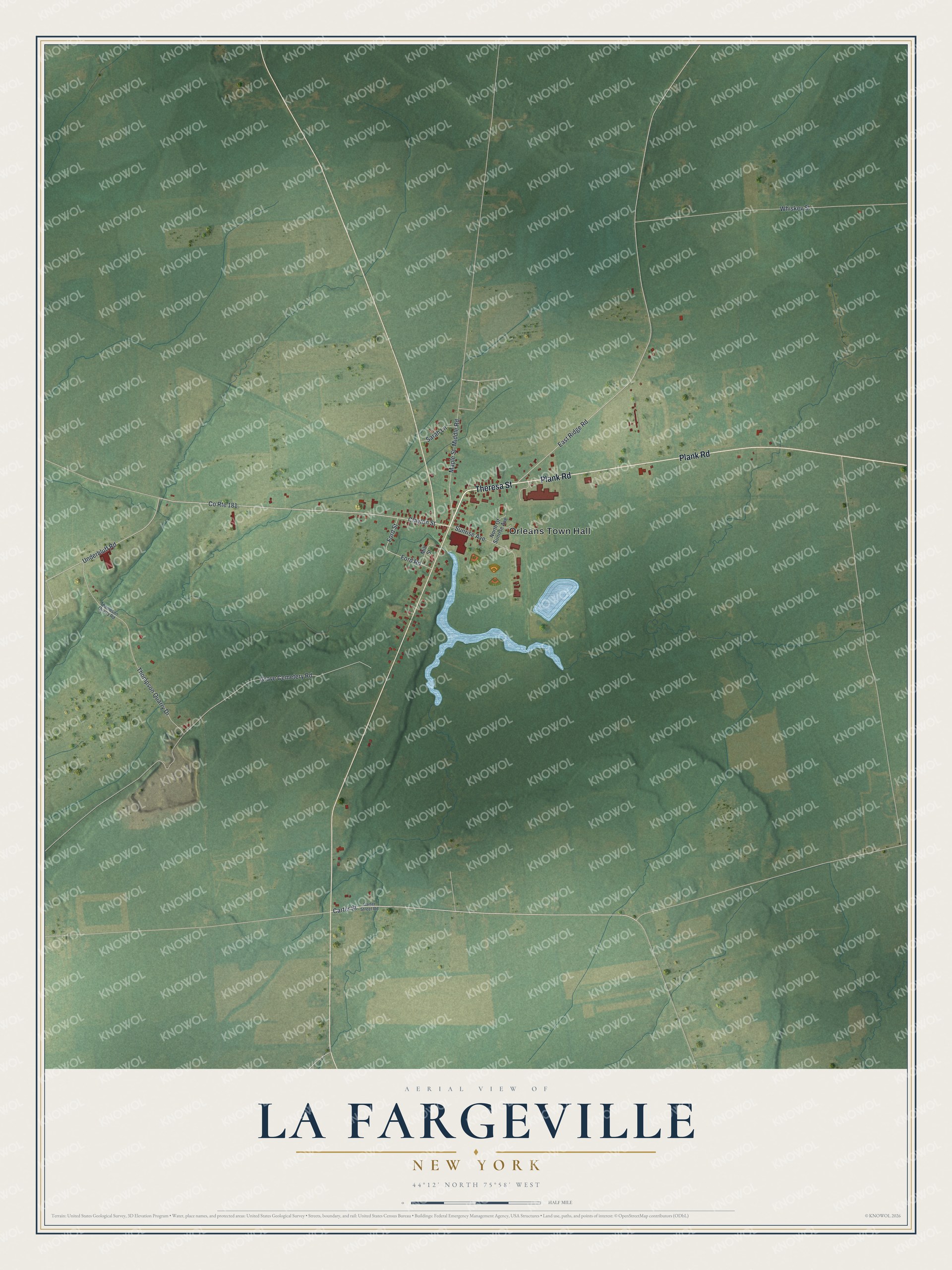 Full map of La Fargeville, New York, with red buildings, printed street names and the land around them