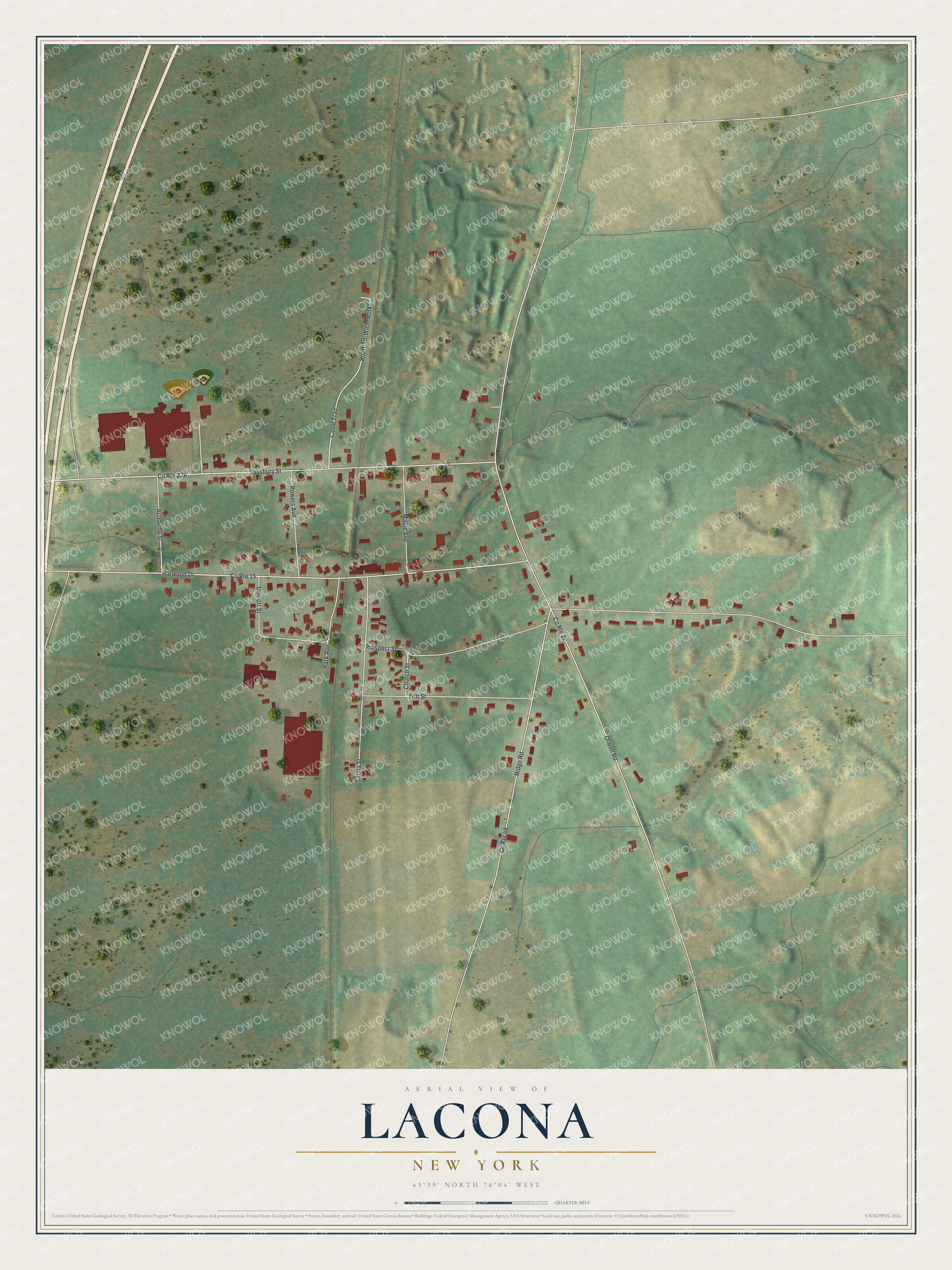 Full map of Lacona, New York, with red buildings, printed street names and the land around them
