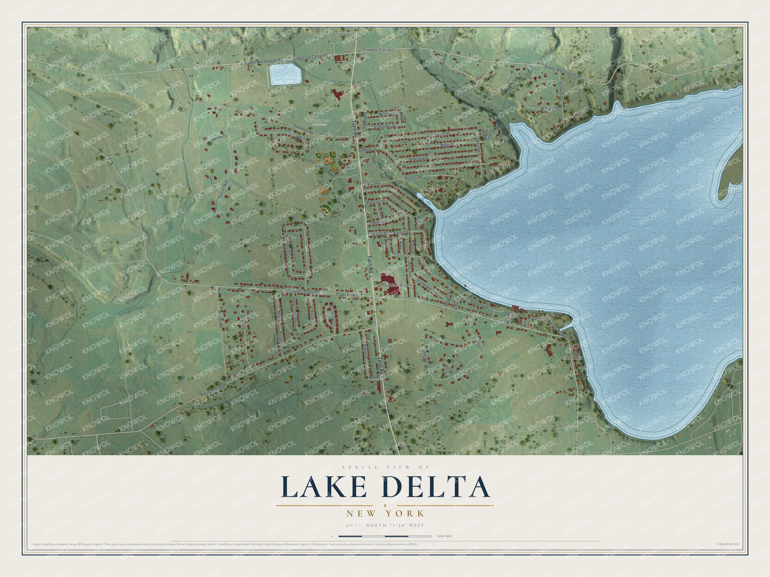 Full map of Lake Delta, New York, with red buildings, printed street names and the land around them
