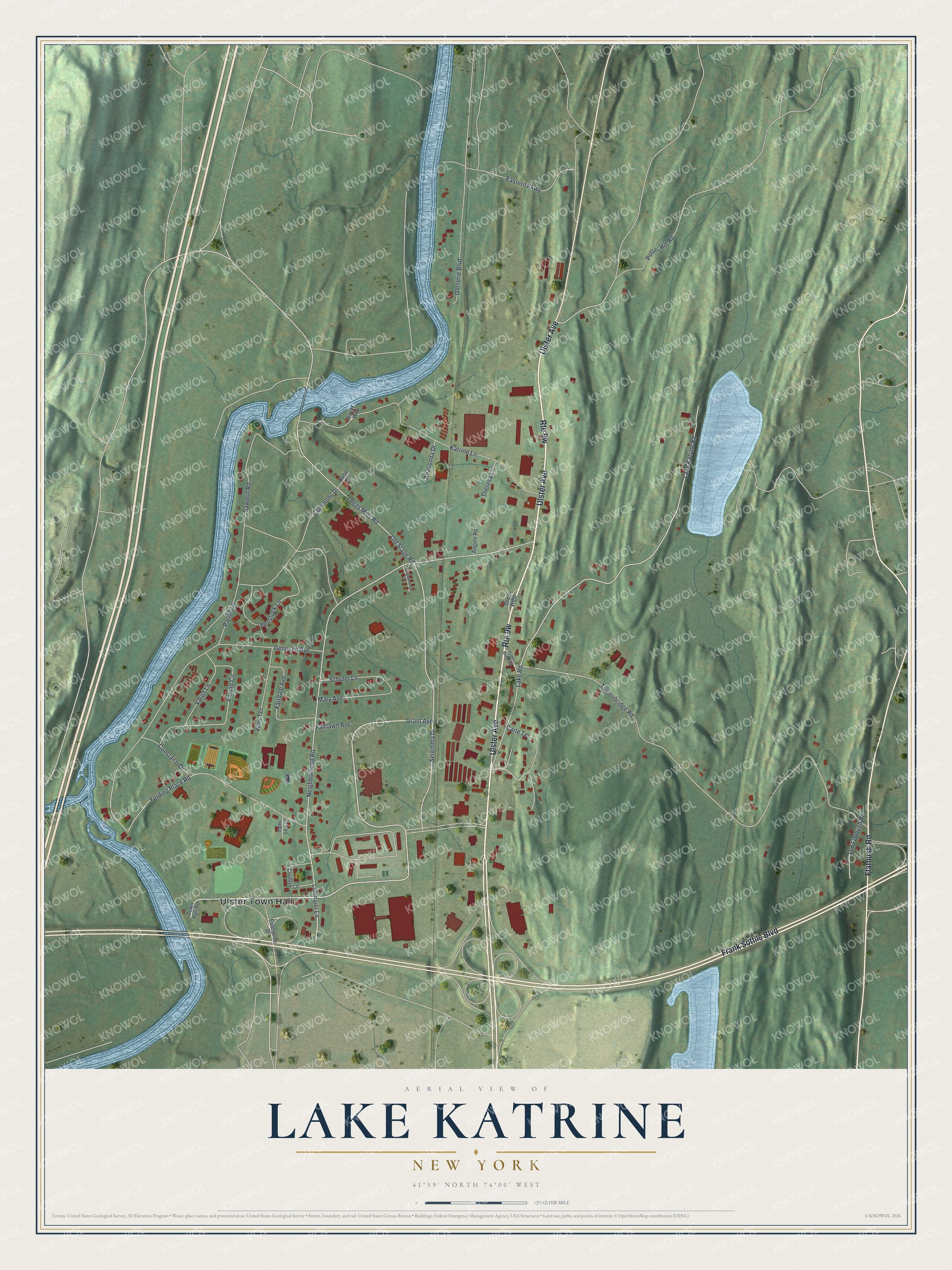 Full map of Lake Katrine, New York, with red buildings, printed street names and the land around them