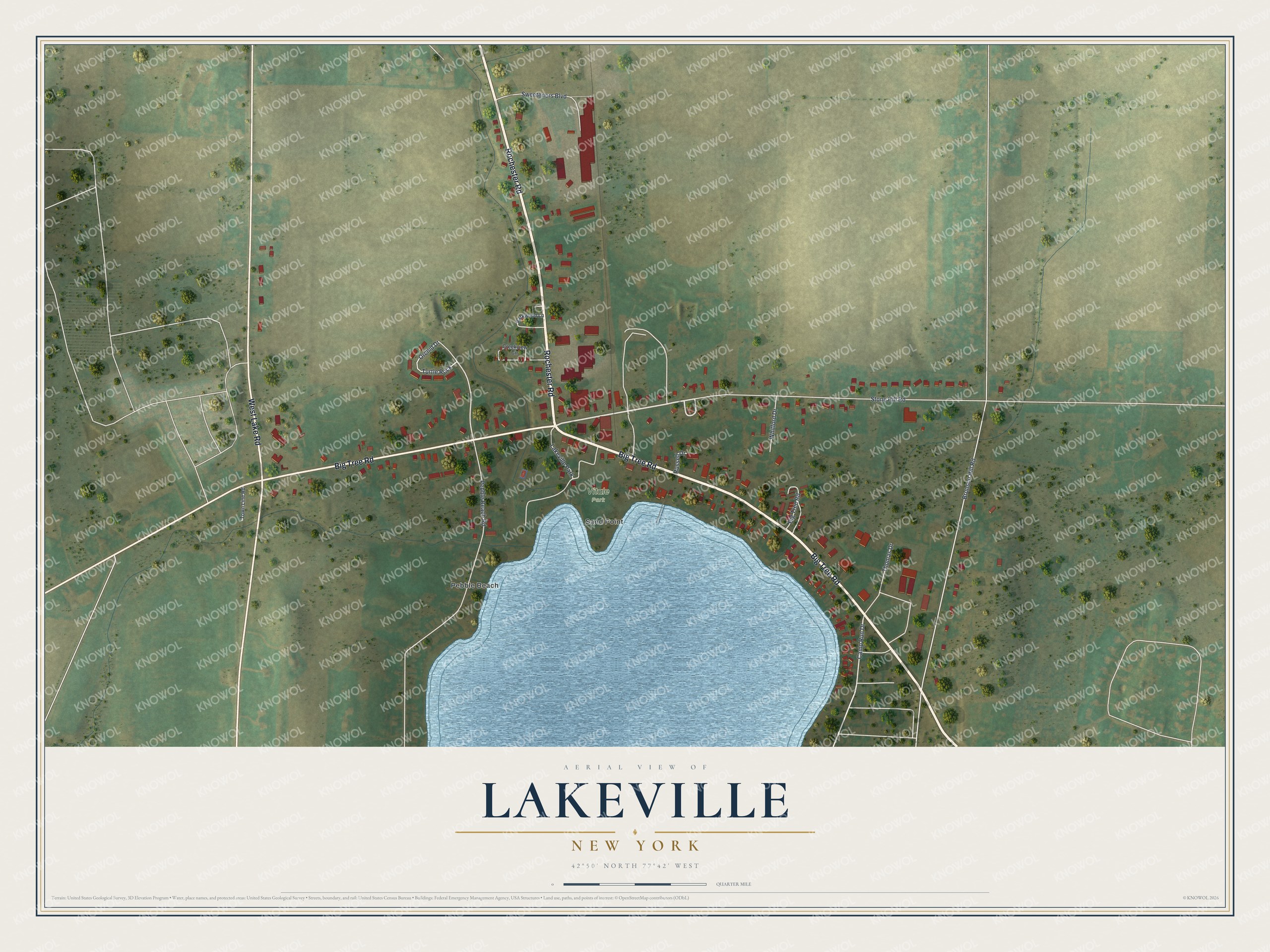 Full map of Lakeville, New York, with red buildings, printed street names and the land around them