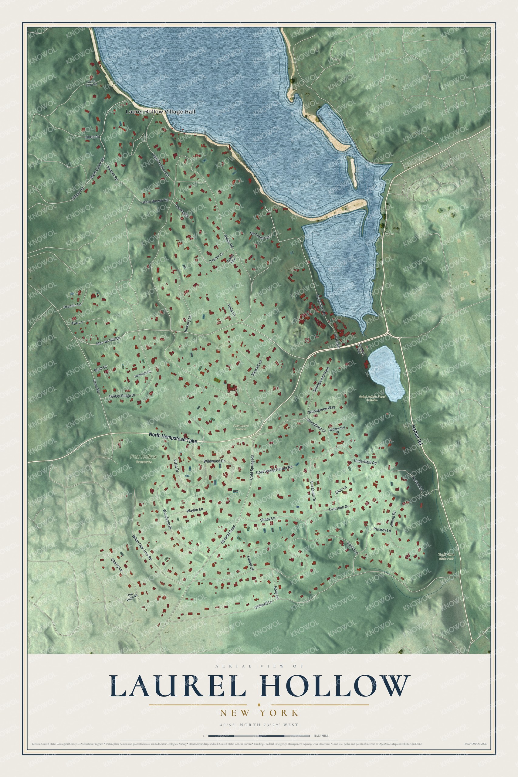 Full map of Laurel Hollow, New York, with red buildings, printed street names and the land around them