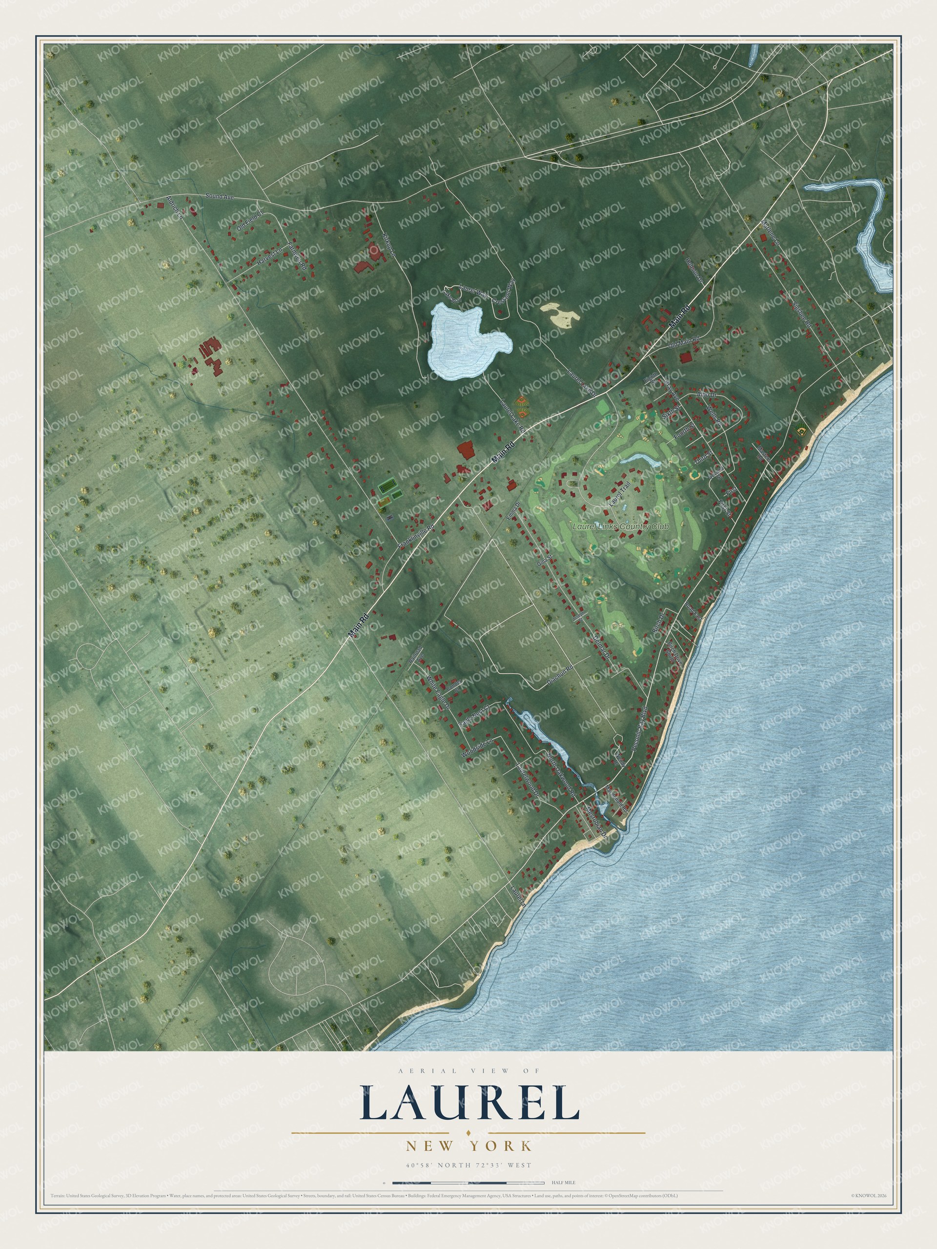 Full map of Laurel, New York, with red buildings, printed street names and the land around them