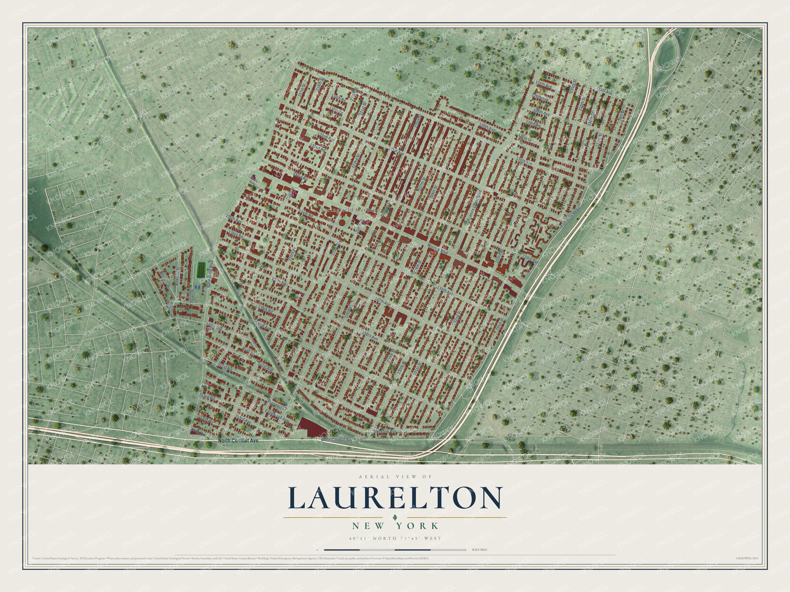 Full map of Laurelton, New York, with red buildings, printed street names and the land around them