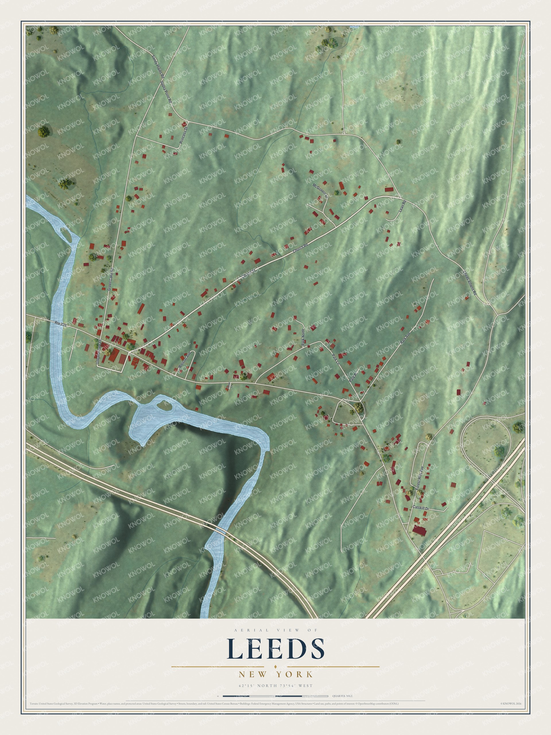Full map of Leeds, New York, with red buildings, printed street names and the land around them