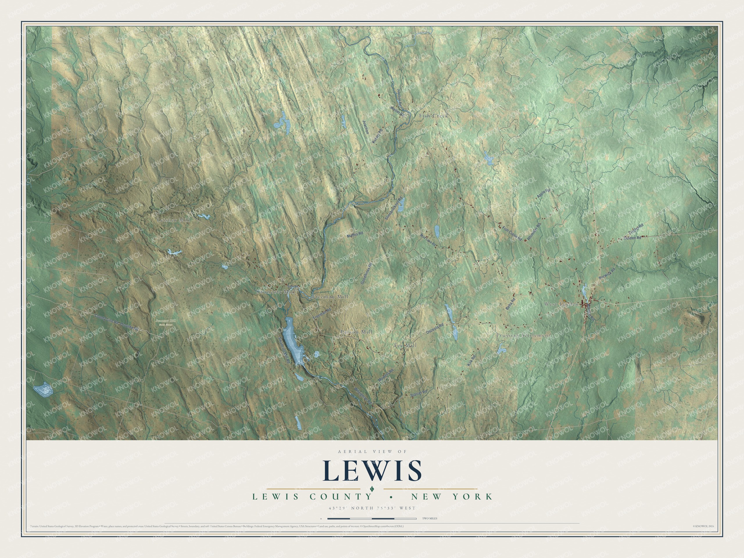 Detailed map of Lewis, Lewis County, New York, showing streets, buildings, neighborhoods, and parks