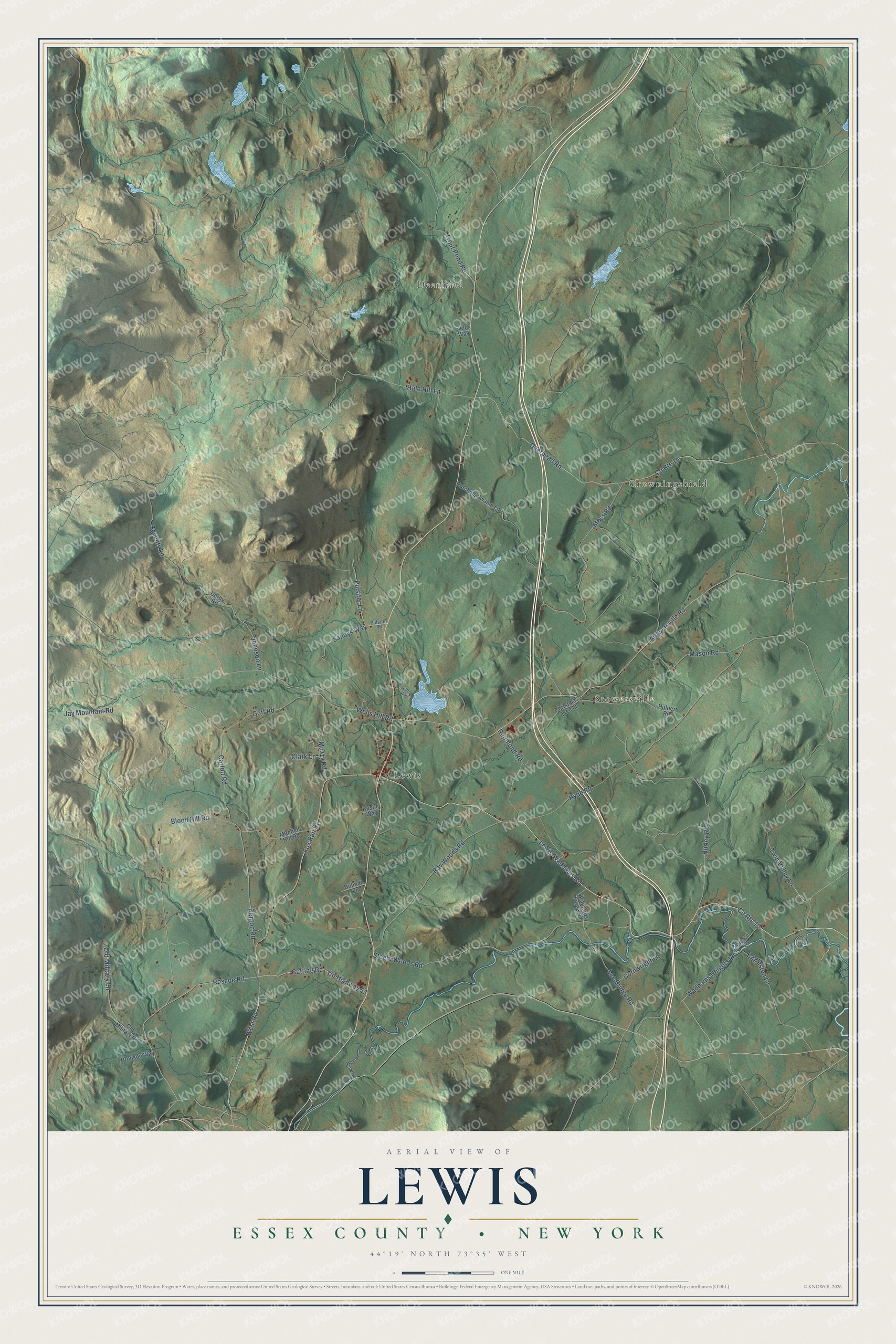 Detailed map of Lewis, Essex County, New York, showing streets, buildings, and neighborhoods